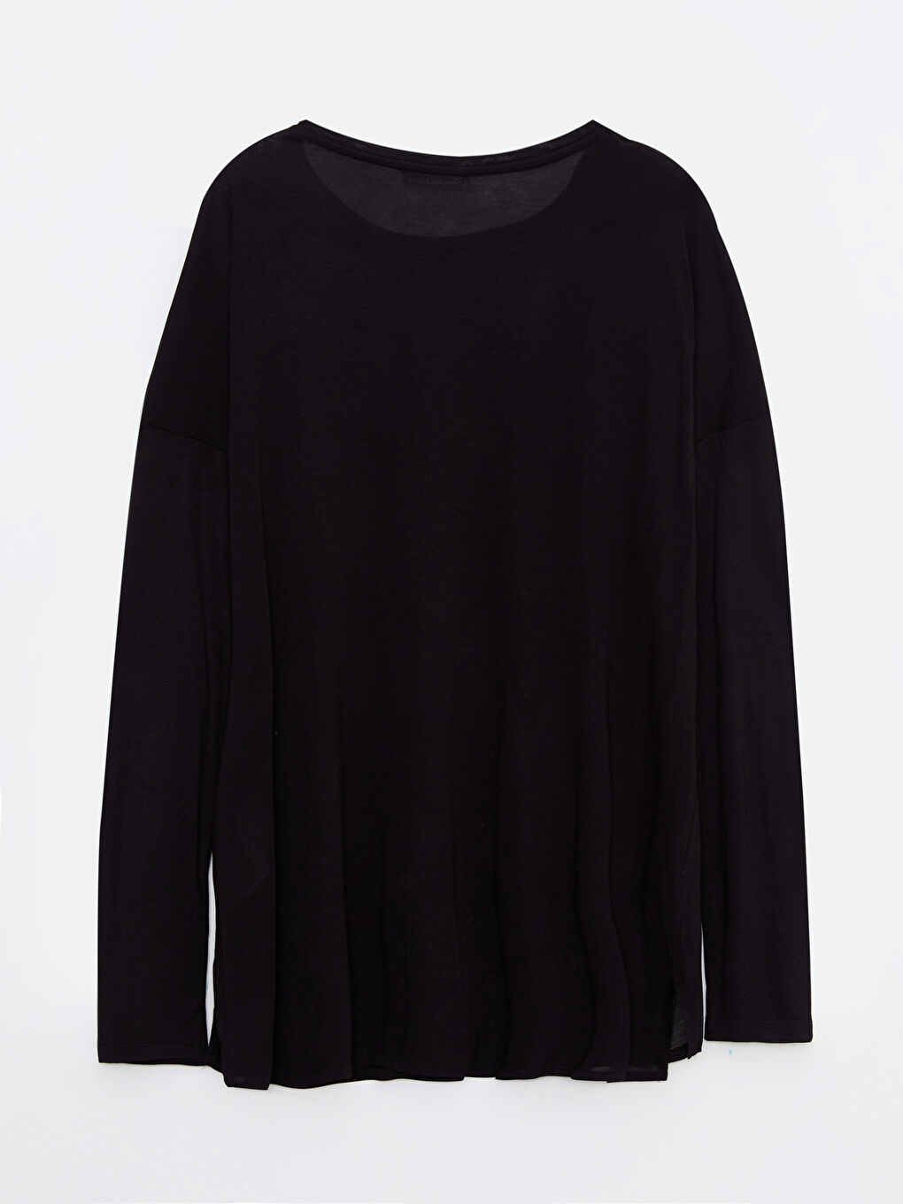 Siyah Bisiklet Yaka Düz Uzun Kollu Viskon Kadın Tişört-6