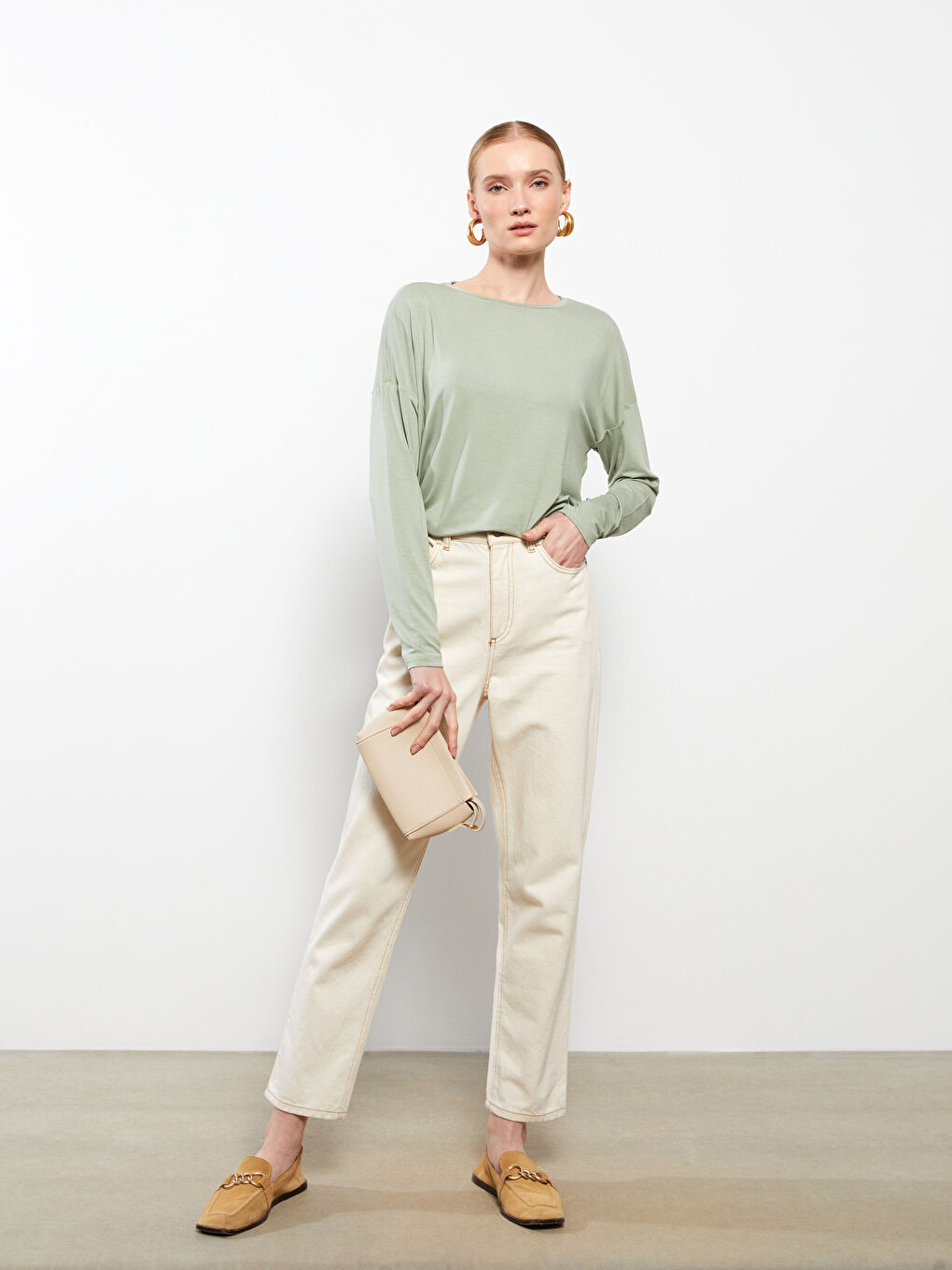 Yeşil Bisiklet Yaka Düz Uzun Kollu Viskon Kadın Tişört