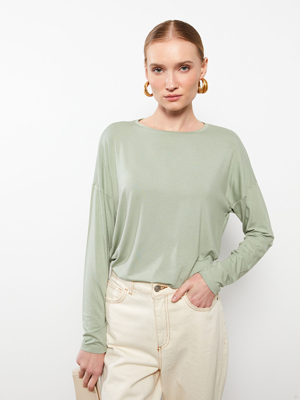 Yeşil Bisiklet Yaka Düz Uzun Kollu Viskon Kadın Tişört-1