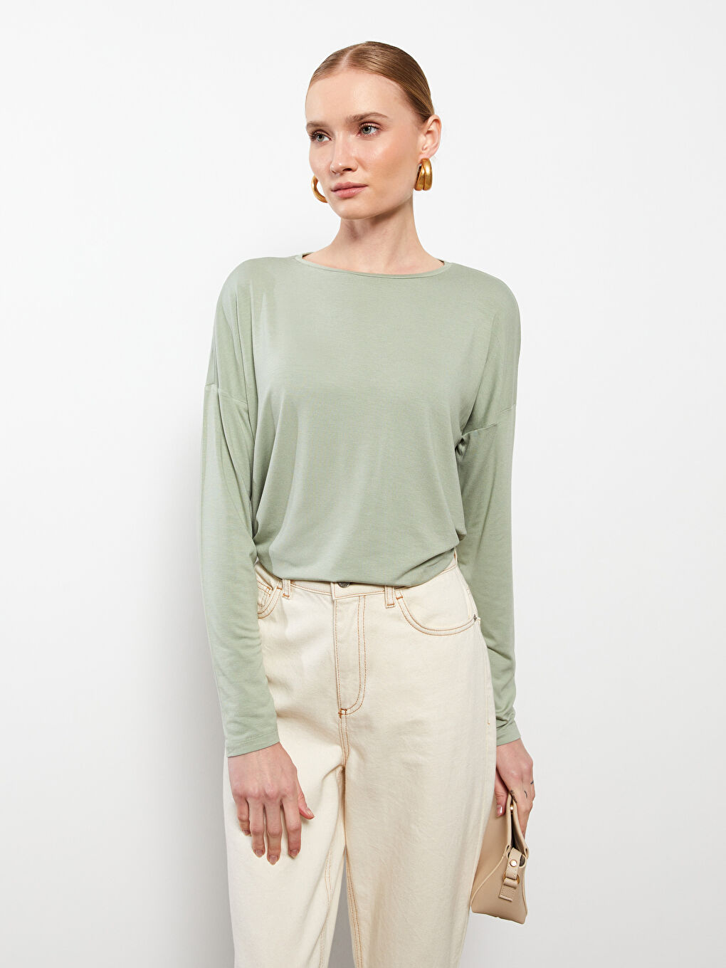 Yeşil Bisiklet Yaka Düz Uzun Kollu Viskon Kadın Tişört-2