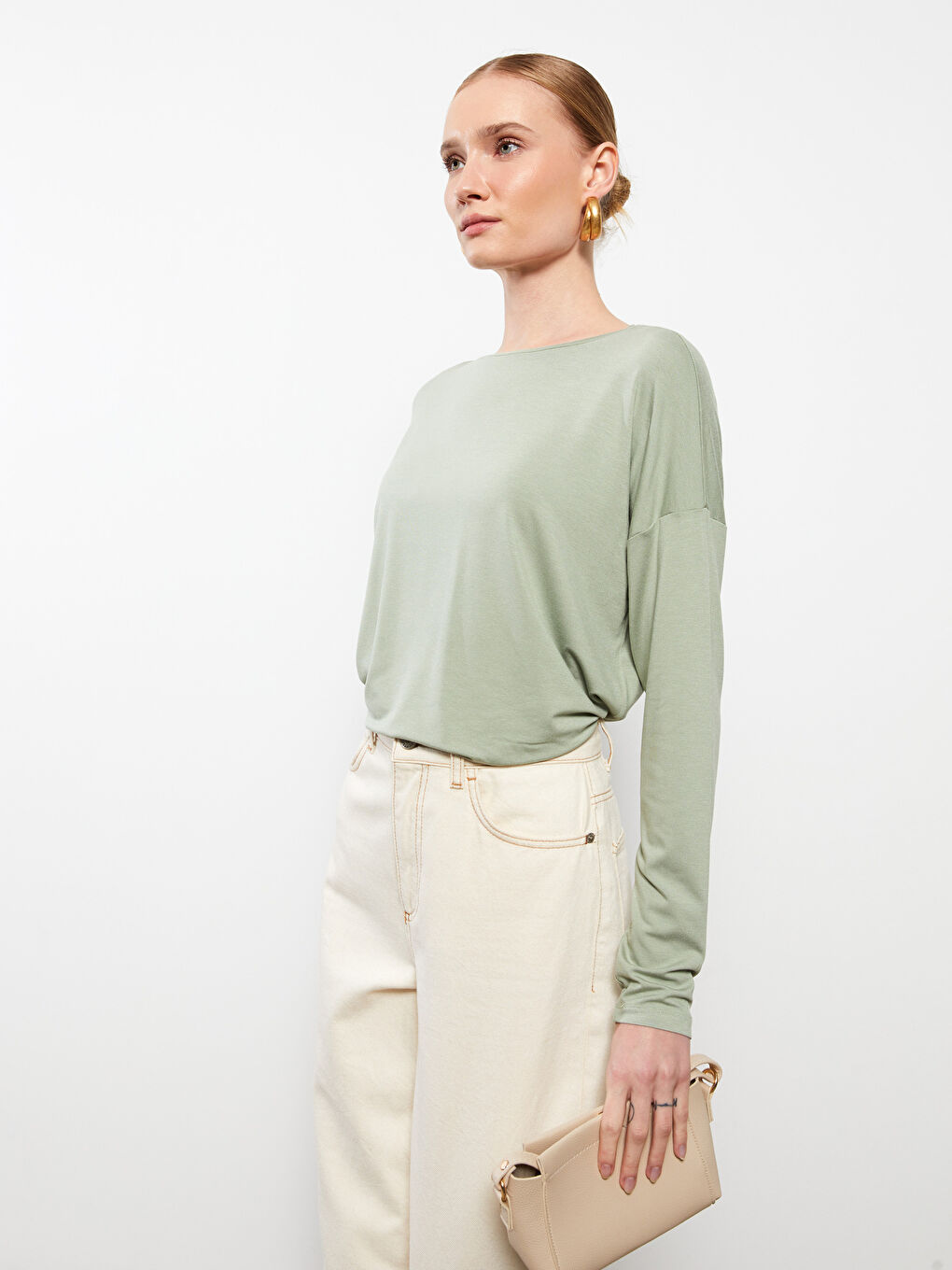 Yeşil Bisiklet Yaka Düz Uzun Kollu Viskon Kadın Tişört-3