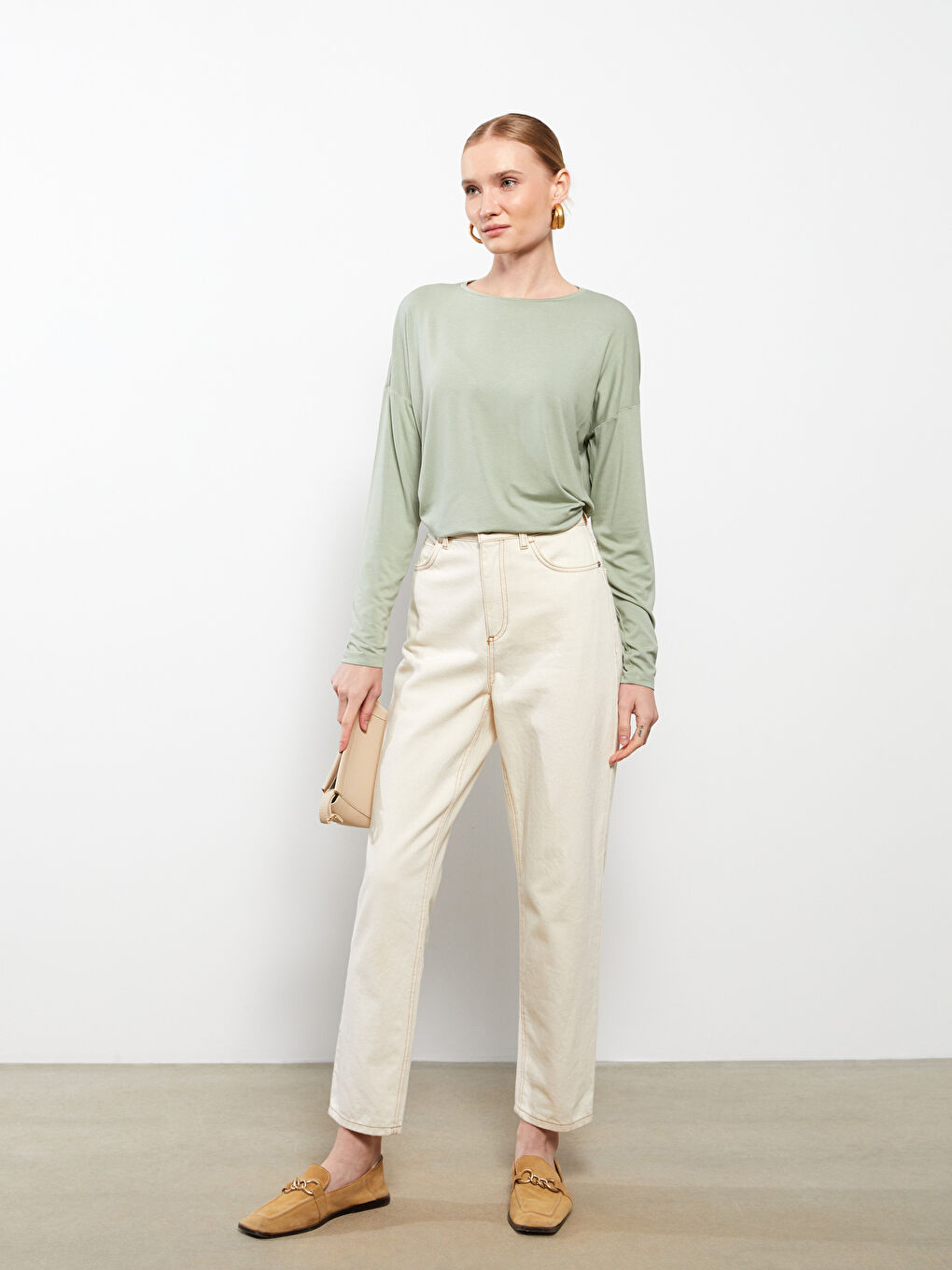 Yeşil Bisiklet Yaka Düz Uzun Kollu Viskon Kadın Tişört-4