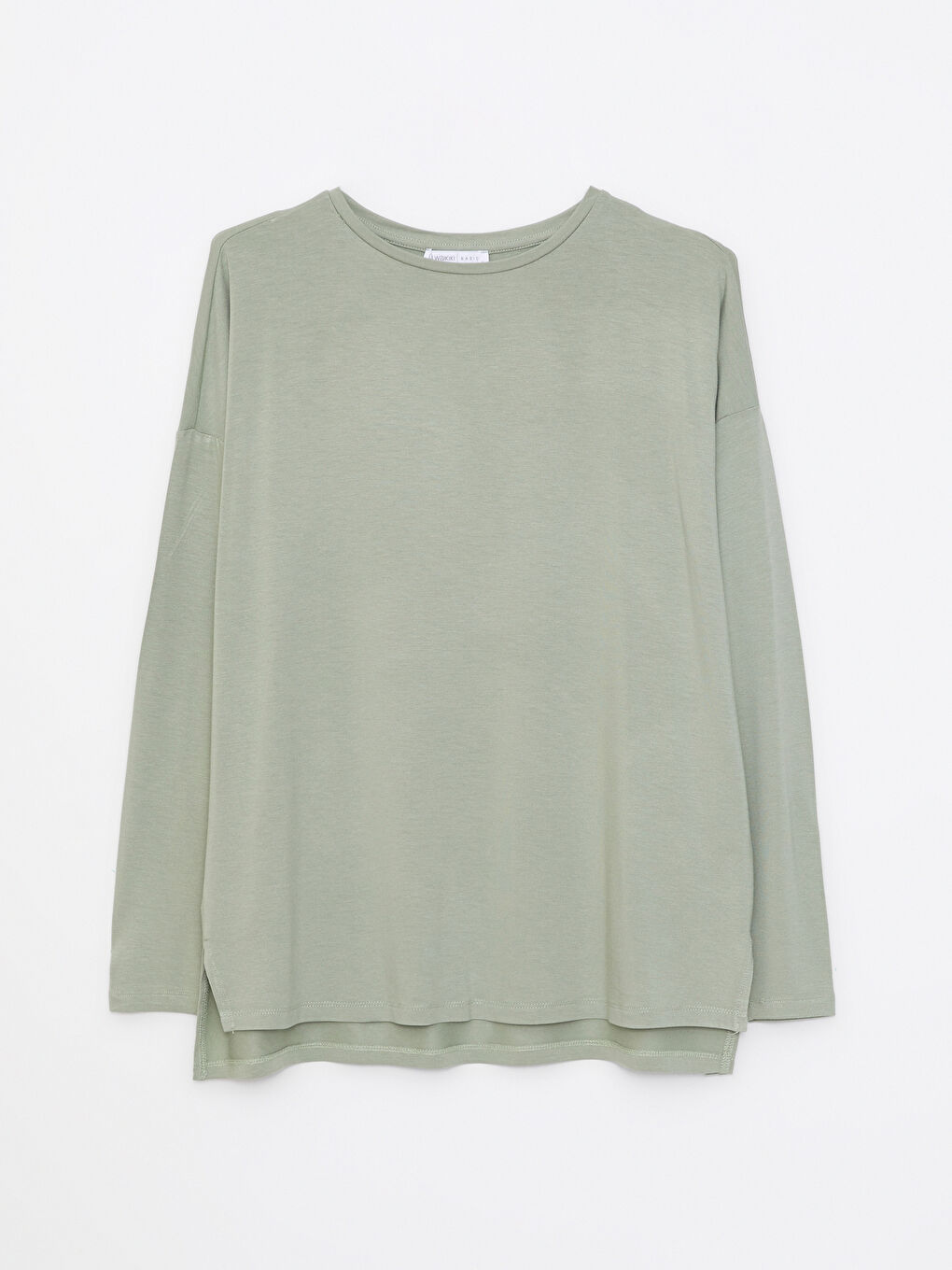 Yeşil Bisiklet Yaka Düz Uzun Kollu Viskon Kadın Tişört-7