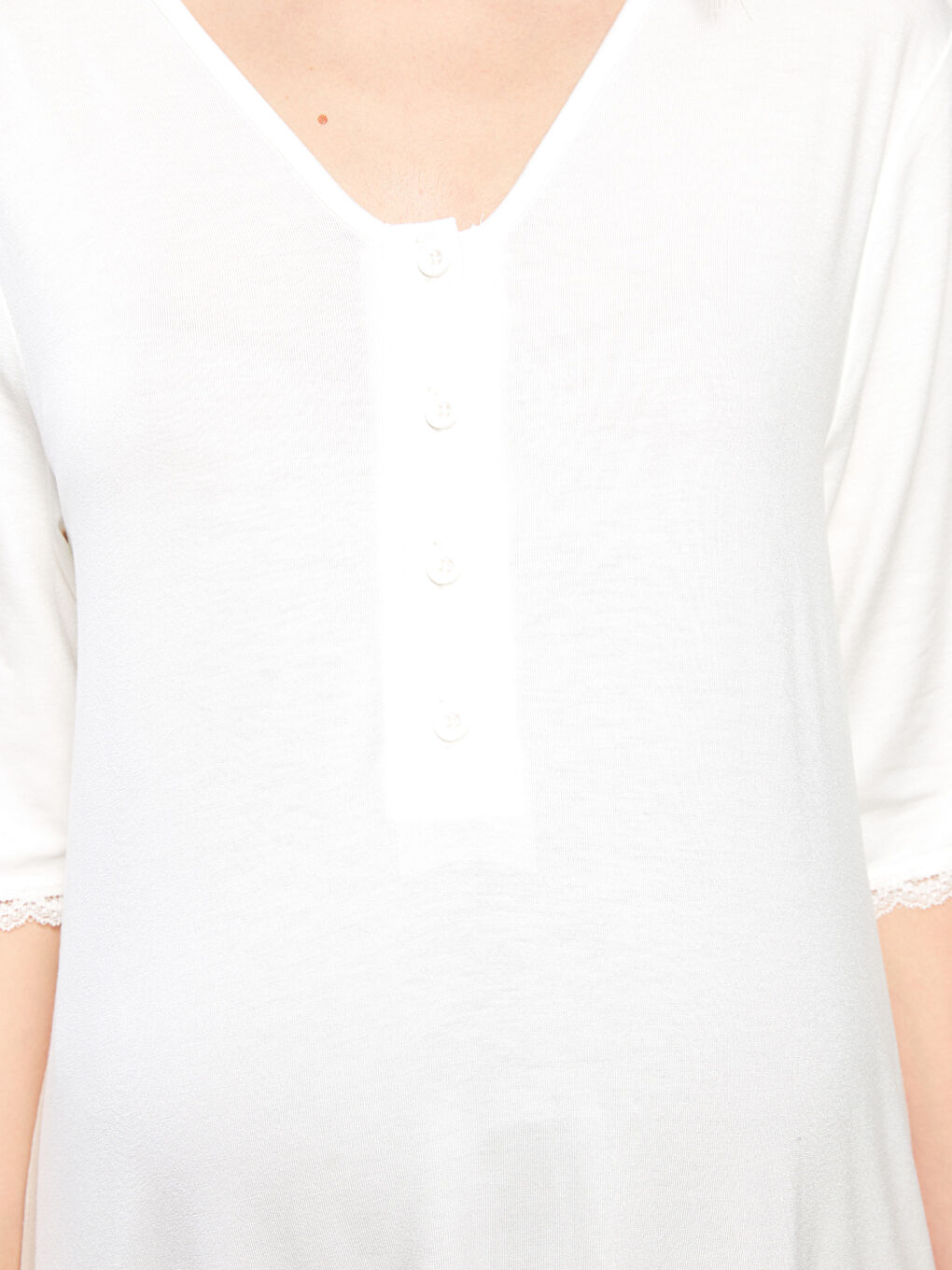 Ekru V Yaka Nakışlı Kısa Kollu Hamile Gecelik-2