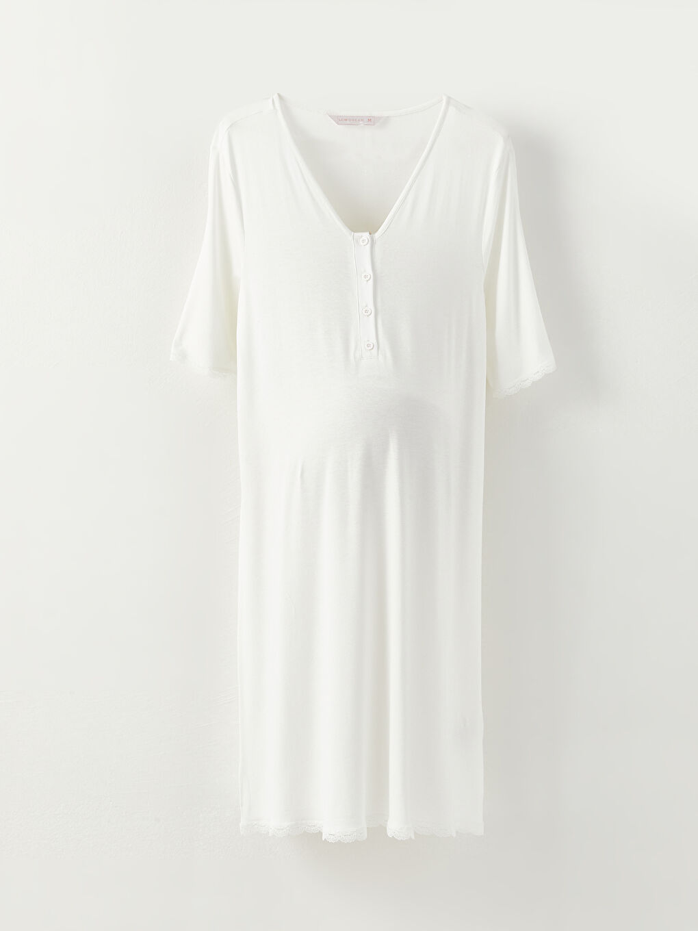 Ekru V Yaka Nakışlı Kısa Kollu Hamile Gecelik-4