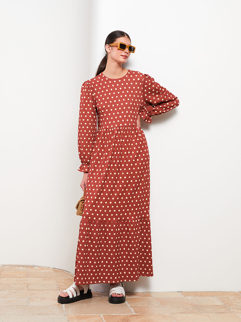 Kahverengi Bisiklet Yaka Puantiyeli Uzun Kollu Kadın Elbise