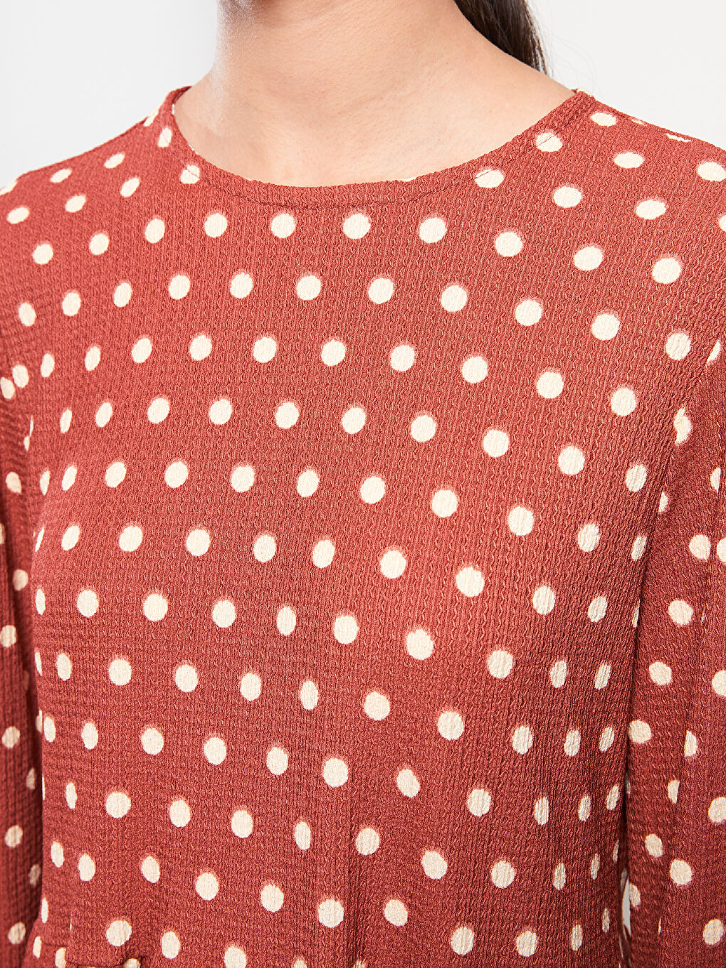 Kahverengi Bisiklet Yaka Puantiyeli Uzun Kollu Kadın Elbise-3