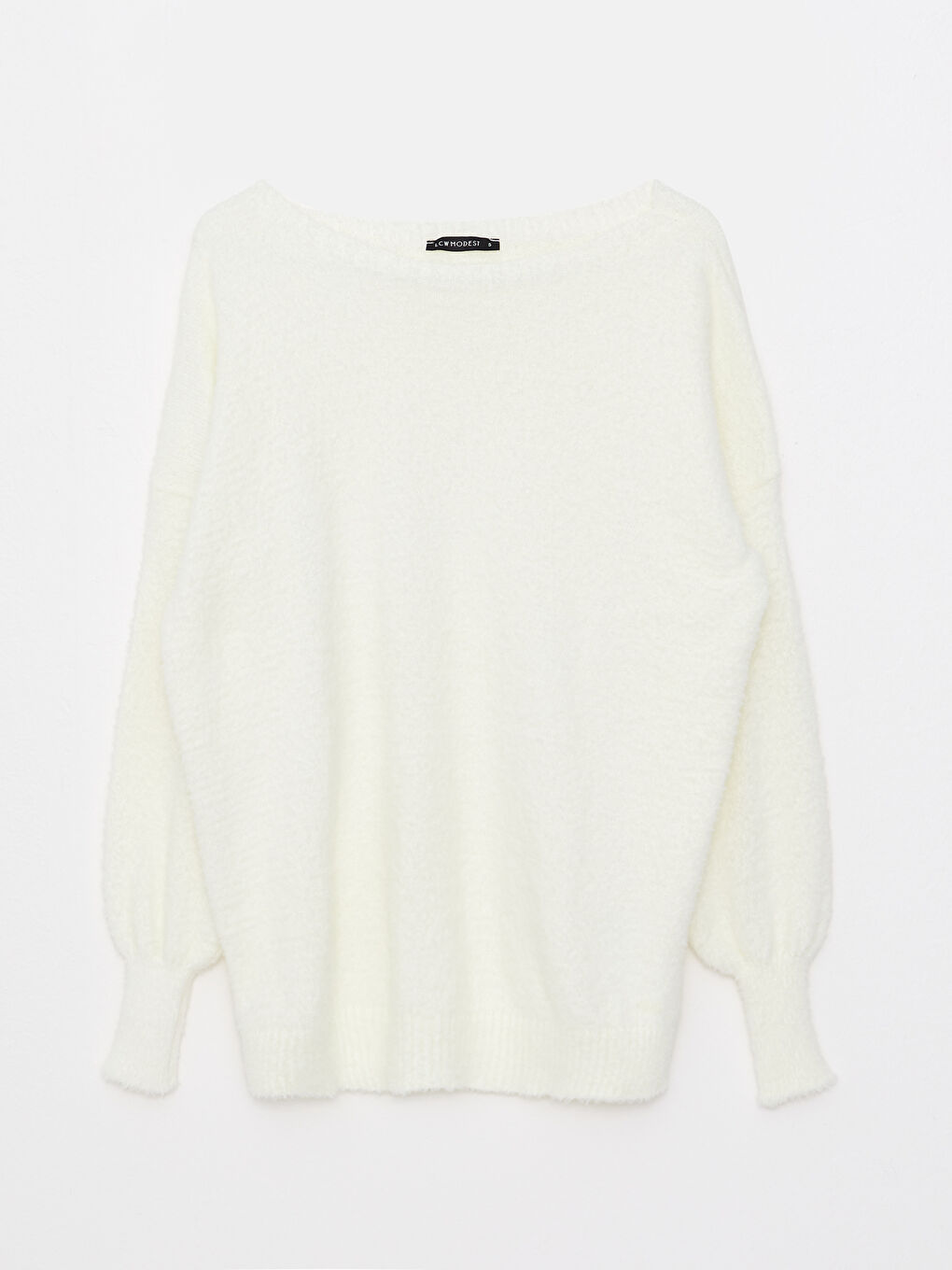 Ekru Kayık Yaka Düz Uzun Kollu Kadın Triko Kazak-5