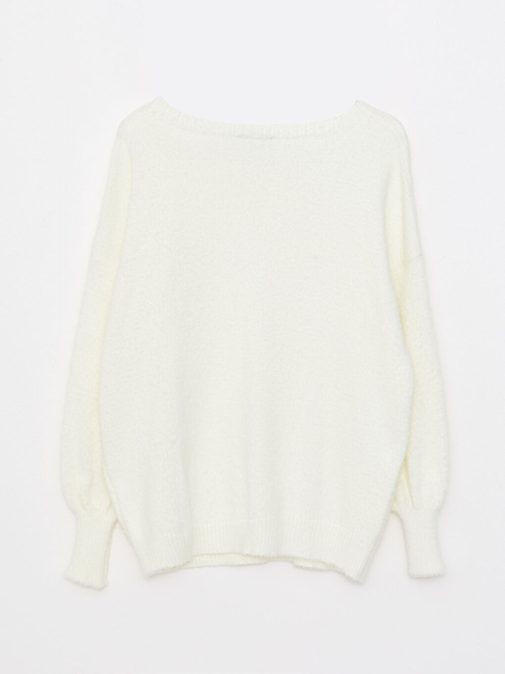 Ekru Kayık Yaka Düz Uzun Kollu Kadın Triko Kazak-6