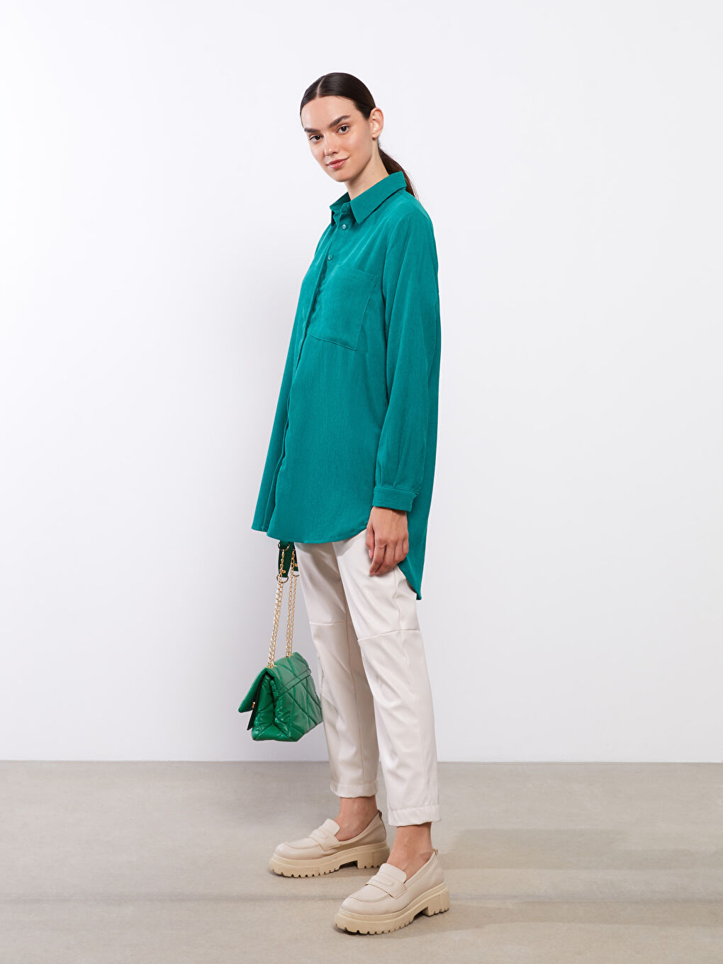 Yeşil Kadife Kadın Gömlek Tunik-1