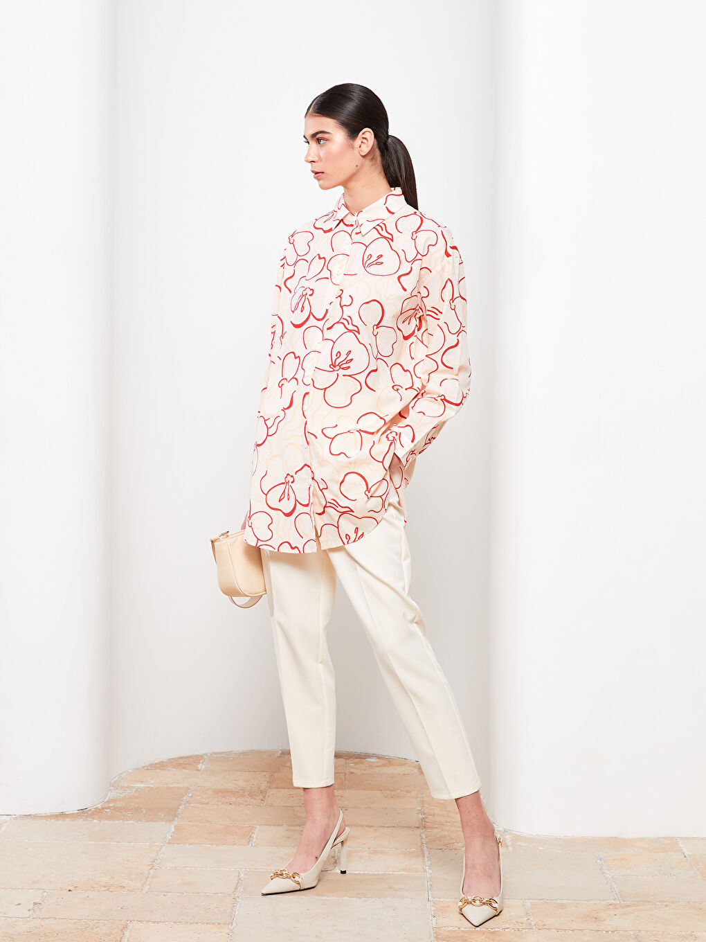 LCW Modest Gemusterte Langarm Oversize Popeline Damen Hemd-Tunika -W2DD24Z8-LRA