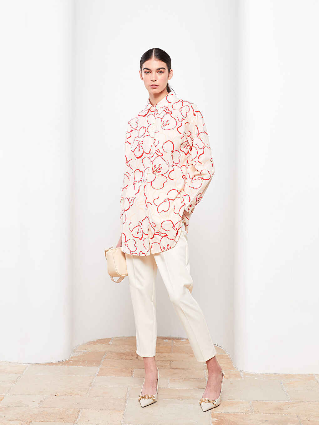 LCW Modest Gemusterte Langarm Oversize Popeline Damen Hemd-Tunika -W2DD24Z8-LRA