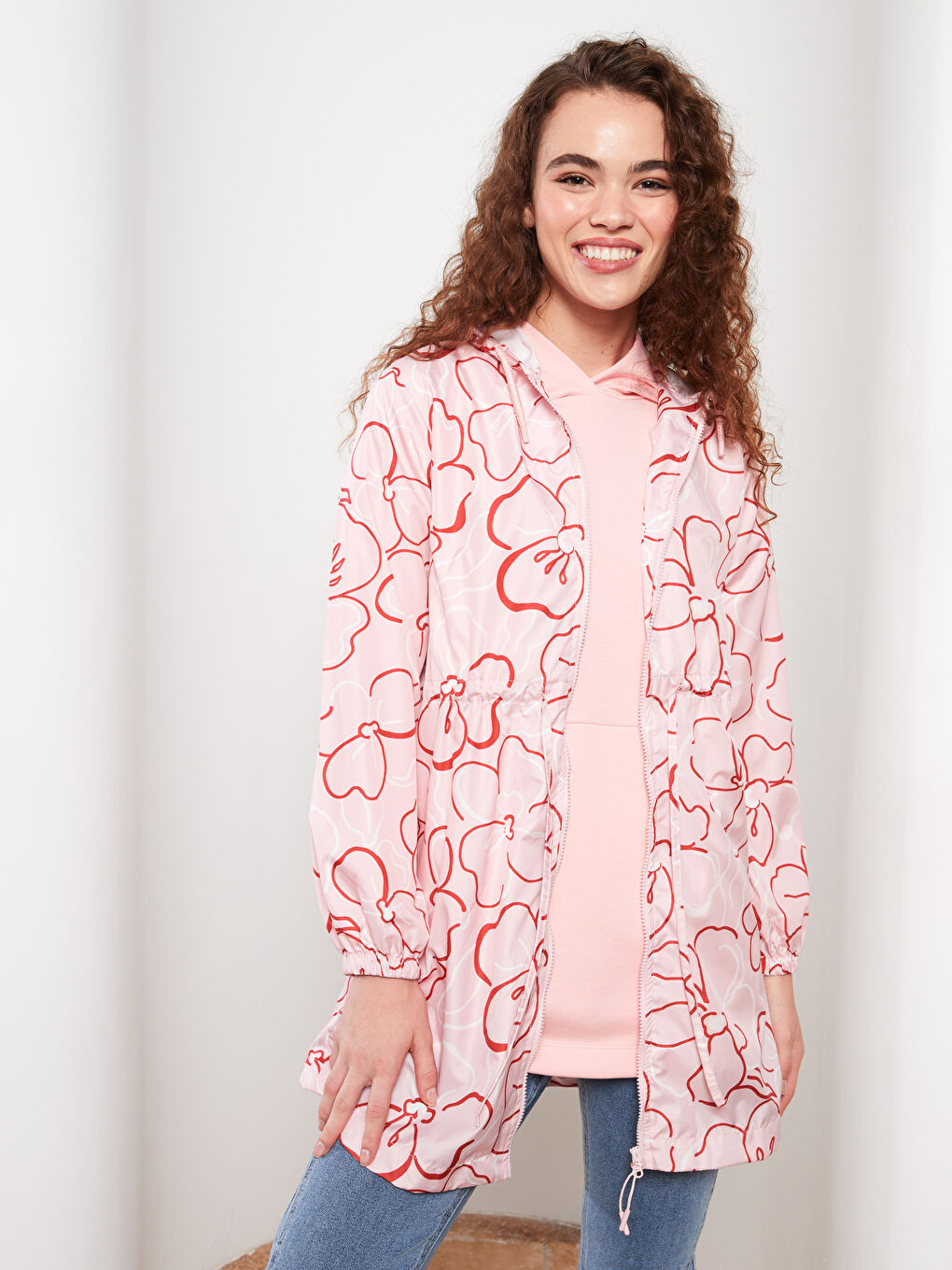 Pembe Kapüşonlu Çiçekli Uzun Kollu Kadın Tunik