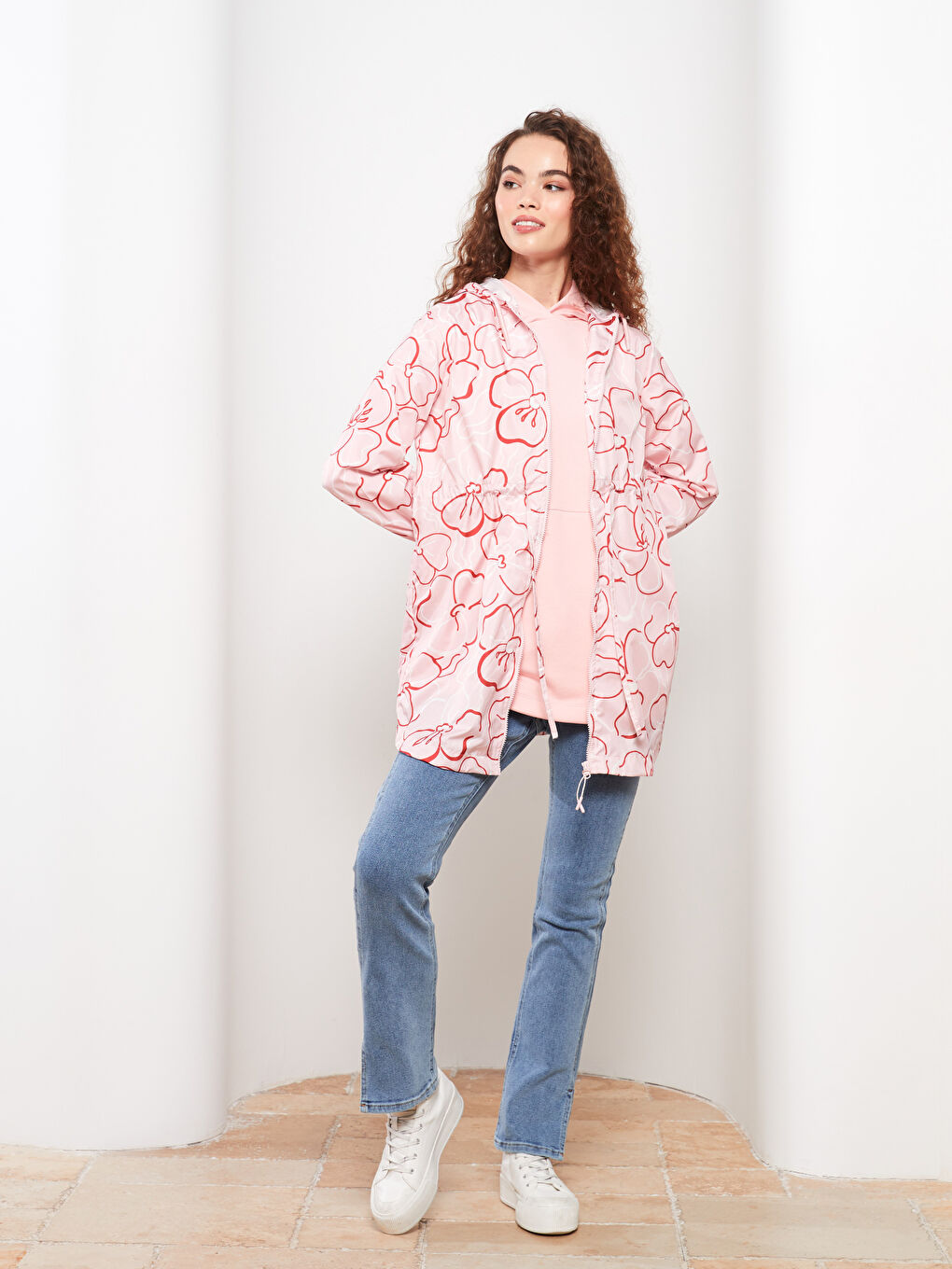 Pembe Kapüşonlu Çiçekli Uzun Kollu Kadın Tunik-1