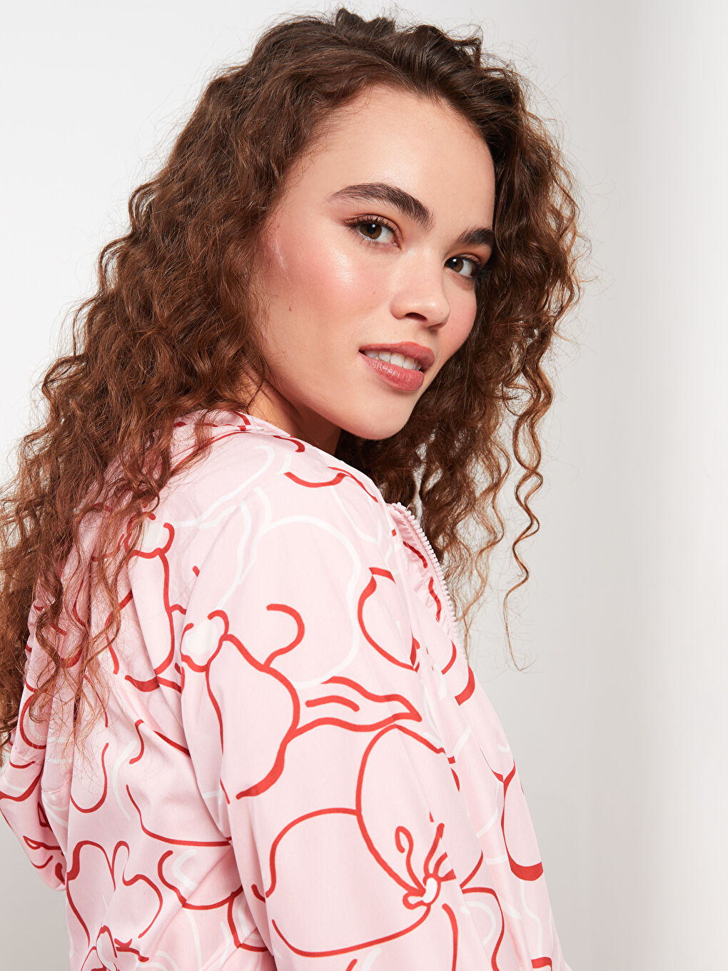 Pembe Kapüşonlu Çiçekli Uzun Kollu Kadın Tunik-2