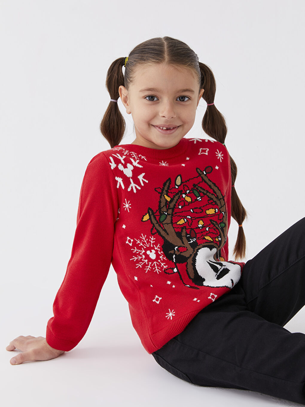 Crew Neck Mickey Mouse Patterned Christmas Themed Long Sleeve Girl Knitwear Sweater -W2DD43Z4-MMP