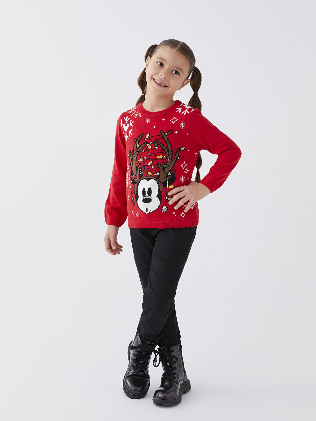 Crew Neck Mickey Mouse Patterned Christmas Themed Long Sleeve Girl Knitwear Sweater -W2DD43Z4-MMP