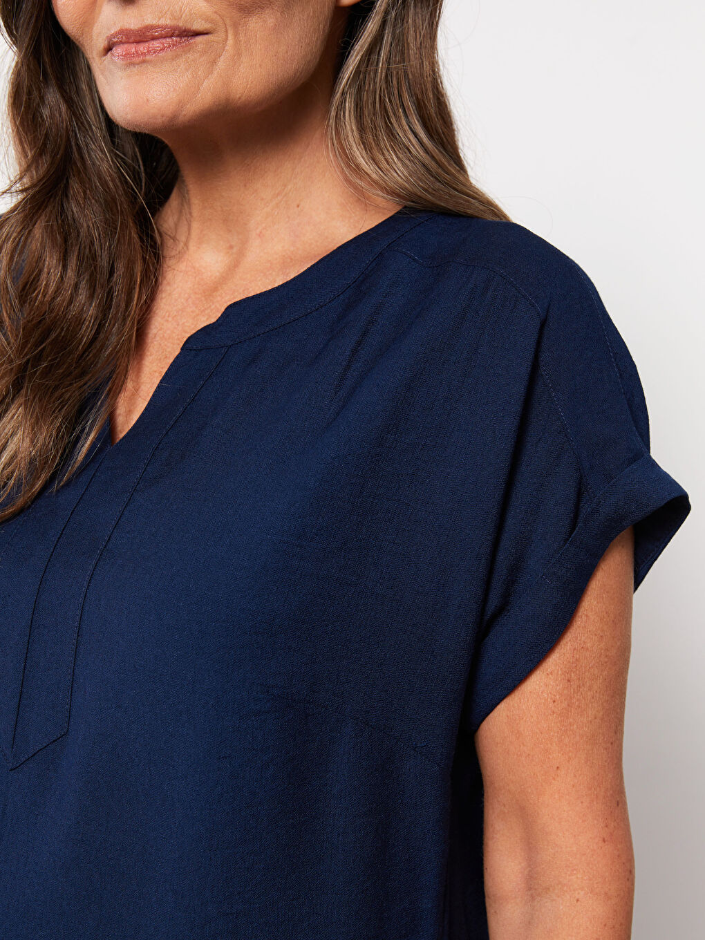 Lacivert Kaçık Yaka Düz Kısa Kollu Kadın Elbise-3