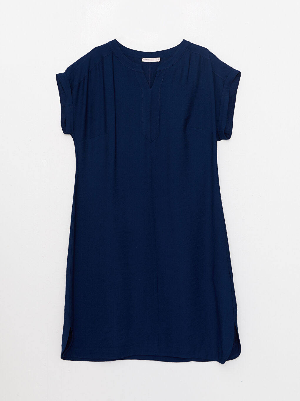 Lacivert Kaçık Yaka Düz Kısa Kollu Kadın Elbise-5