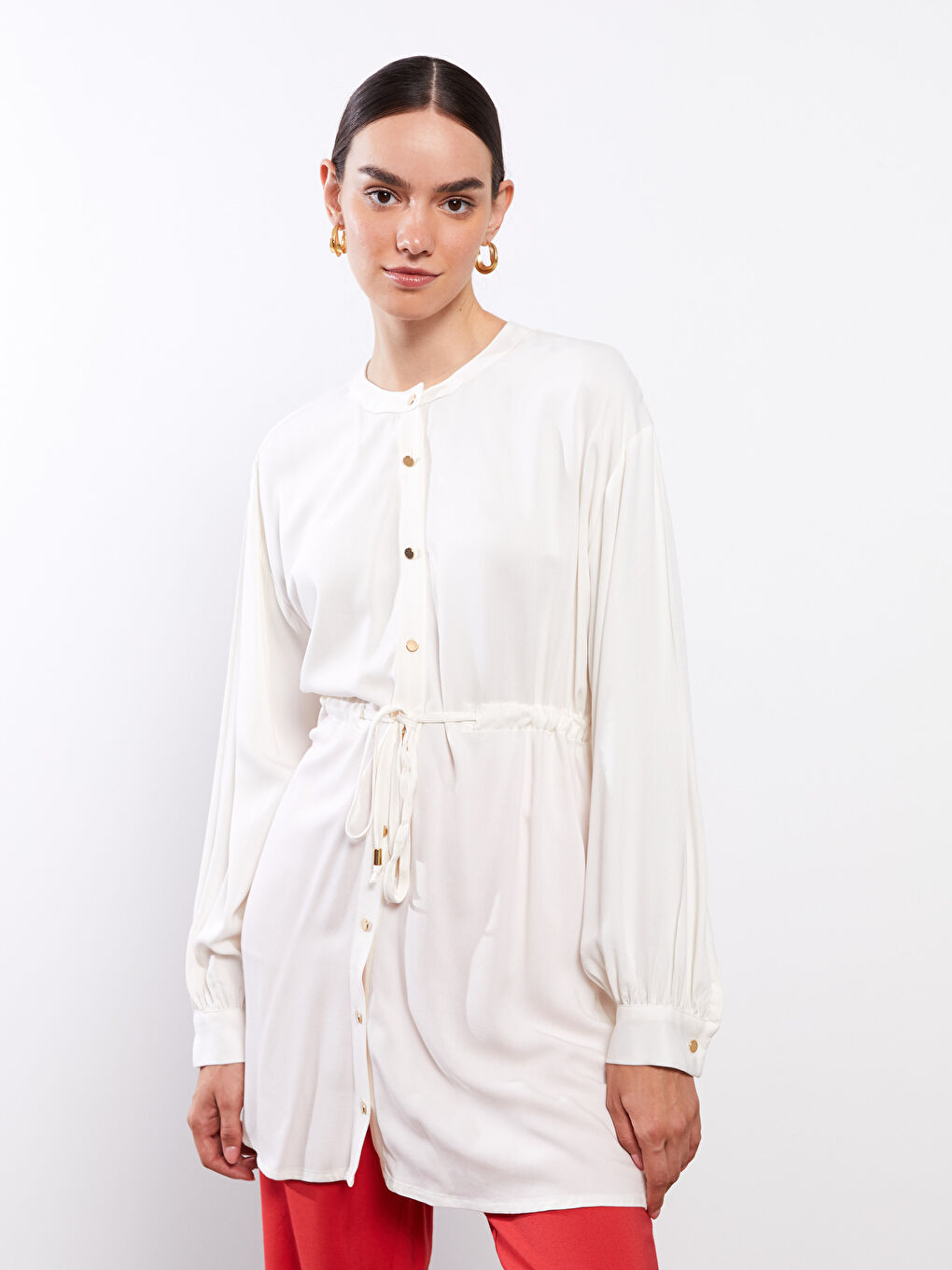 Bej Bisiklet Yaka Düz Uzun Kollu Viskon Kadın Tunik-1