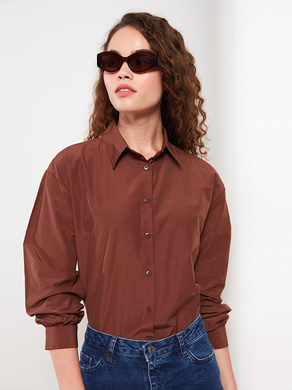 Kahverengi Düz Uzun Kollu Oversize Kadın Gömlek Tunik