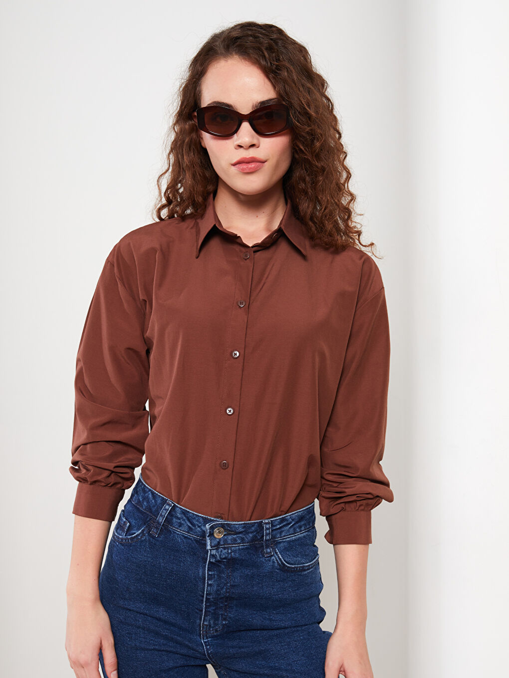 Kahverengi Düz Uzun Kollu Oversize Kadın Gömlek Tunik-1