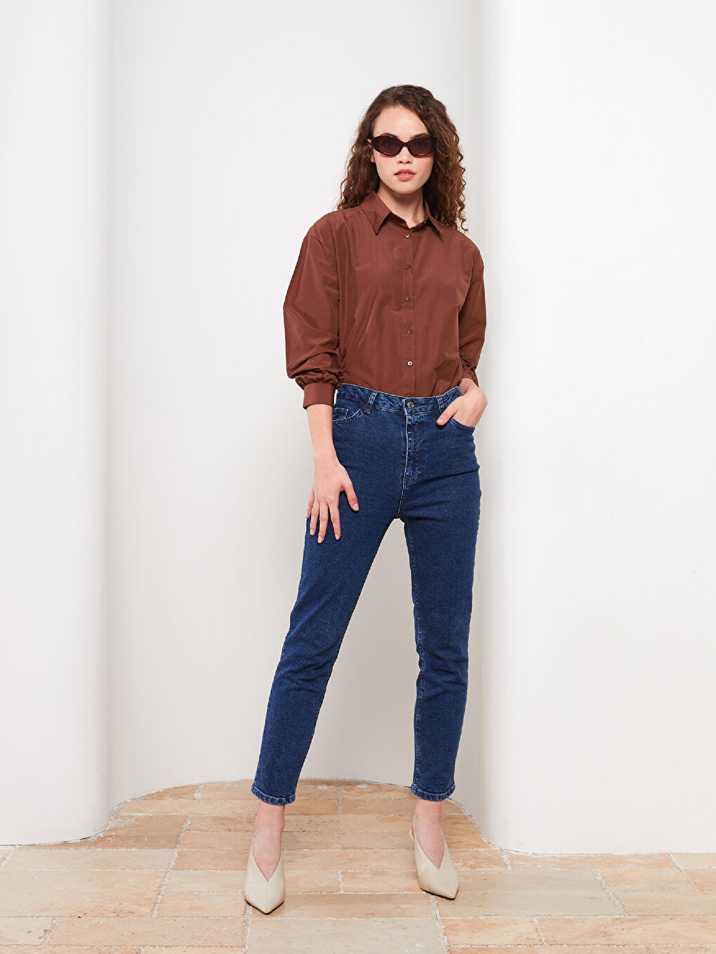 Kahverengi Düz Uzun Kollu Oversize Kadın Gömlek Tunik-2