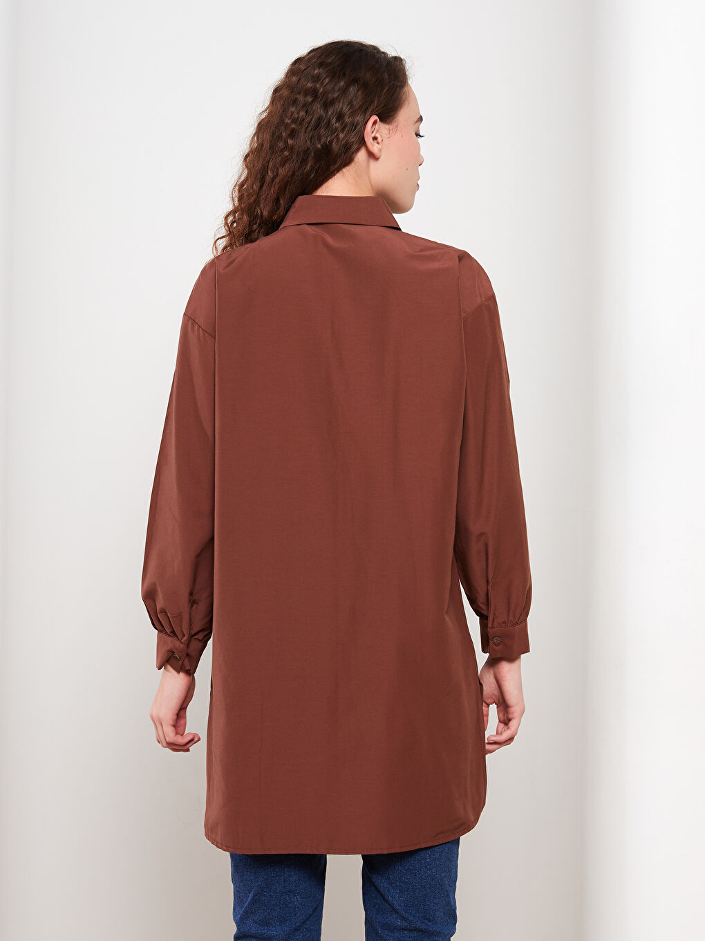 Kahverengi Düz Uzun Kollu Oversize Kadın Gömlek Tunik-4