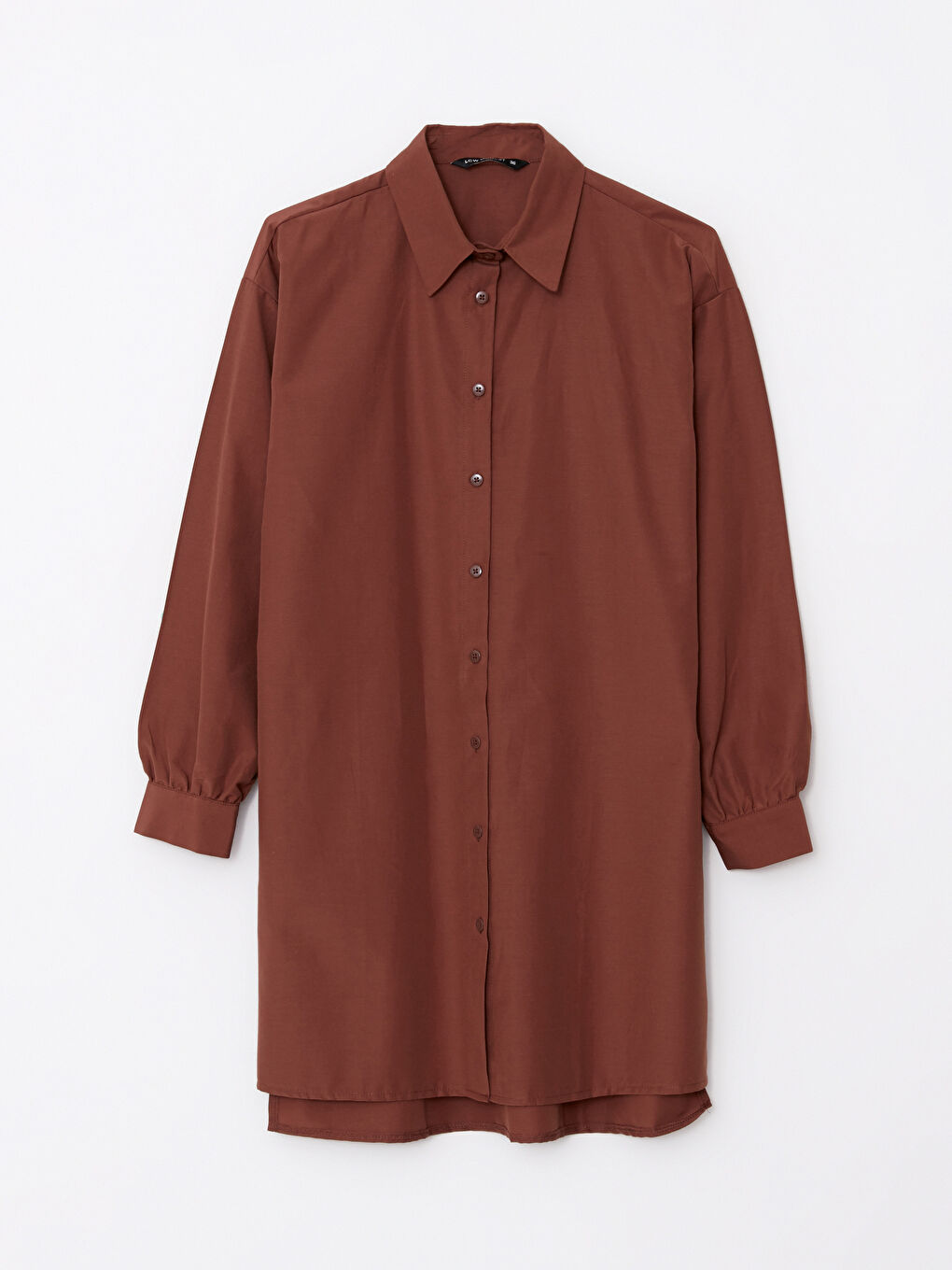 Kahverengi Düz Uzun Kollu Oversize Kadın Gömlek Tunik-5