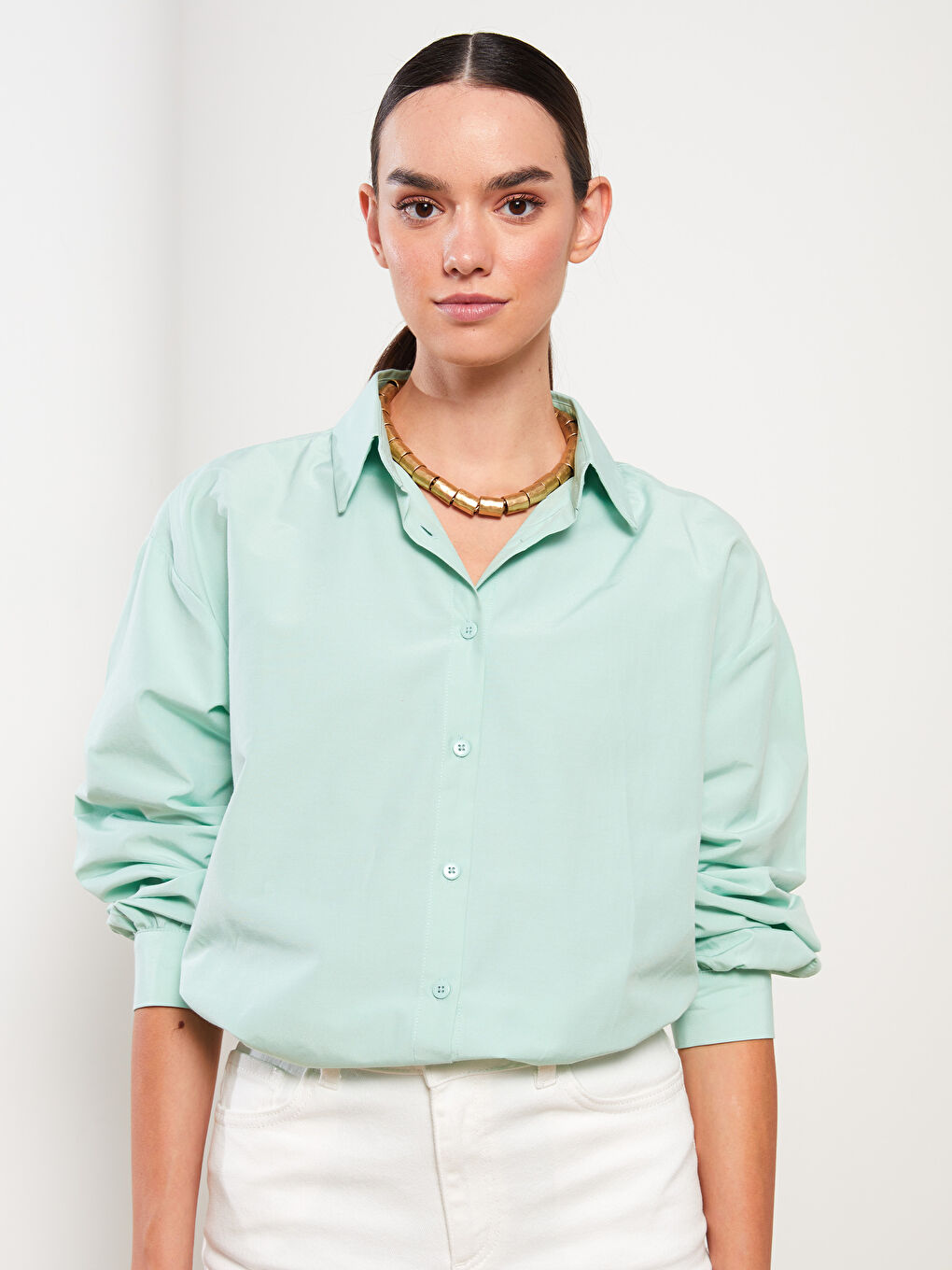 Yeşil Düz Uzun Kollu Oversize Kadın Gömlek Tunik-1