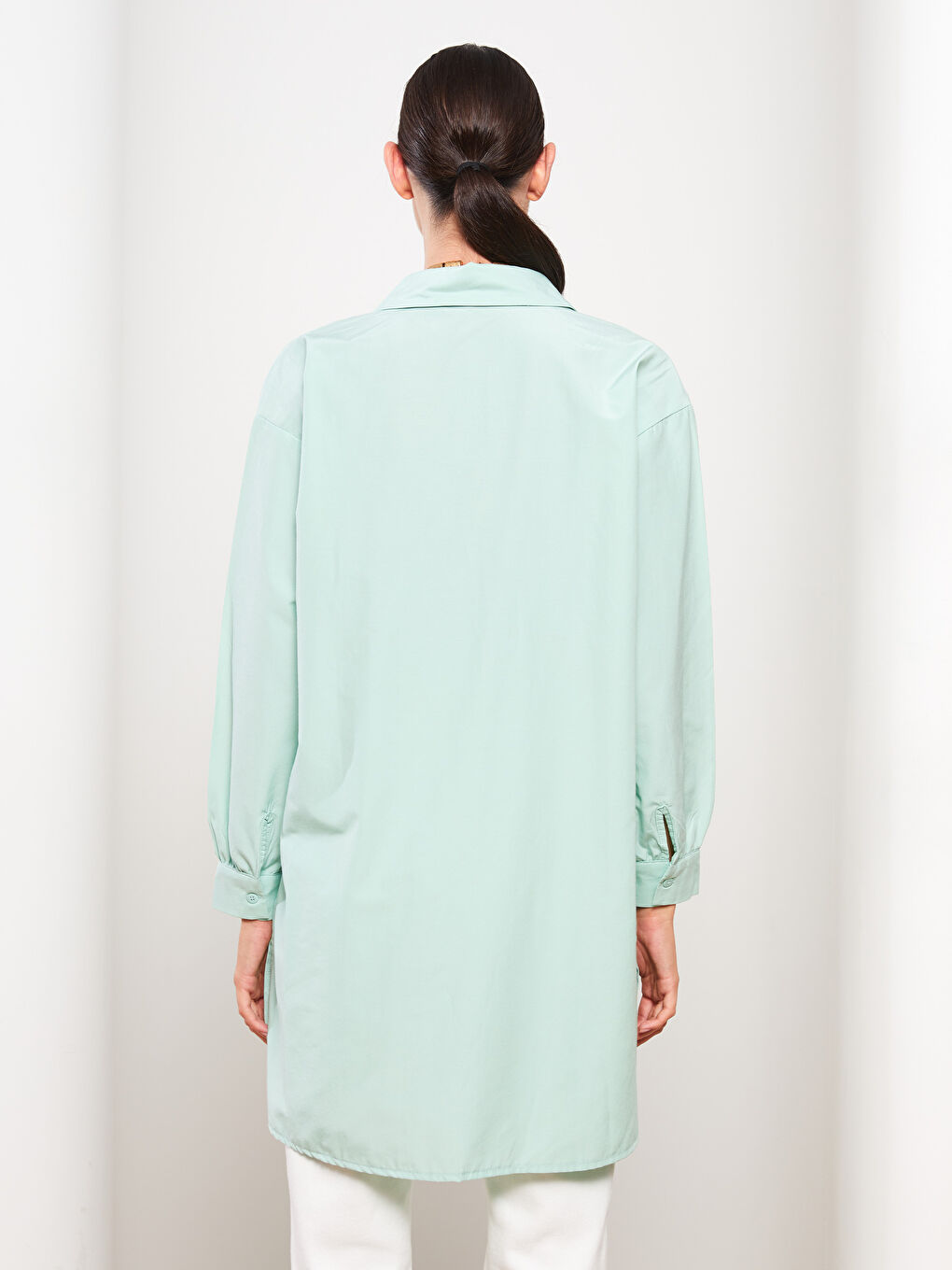 Yeşil Düz Uzun Kollu Oversize Kadın Gömlek Tunik-4