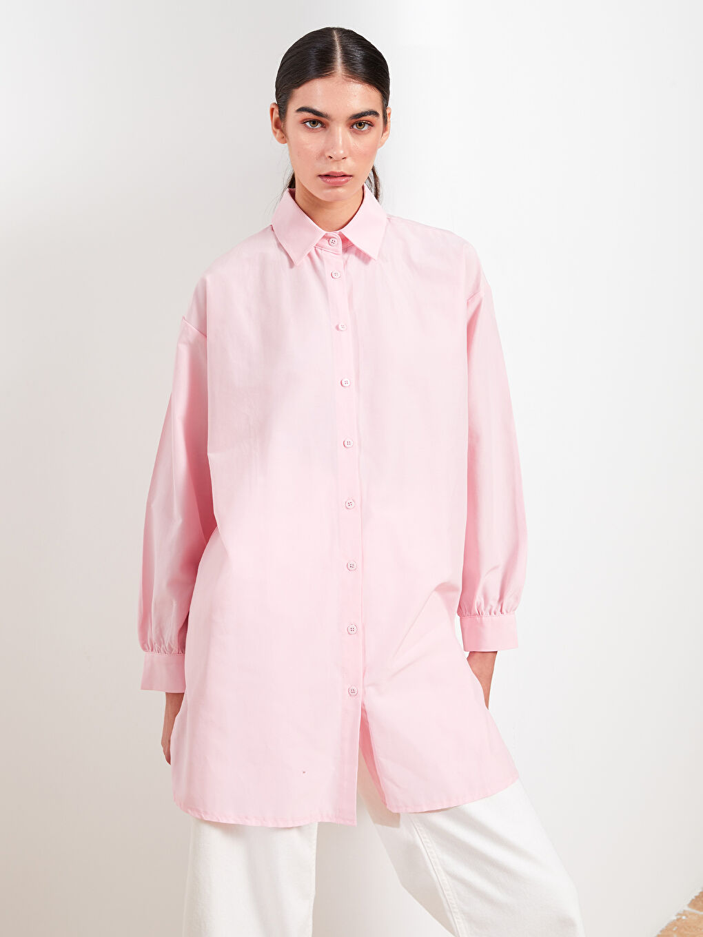 LCW Modest Pembe Düz Uzun Kollu Oversize Kadın Gömlek Tunik