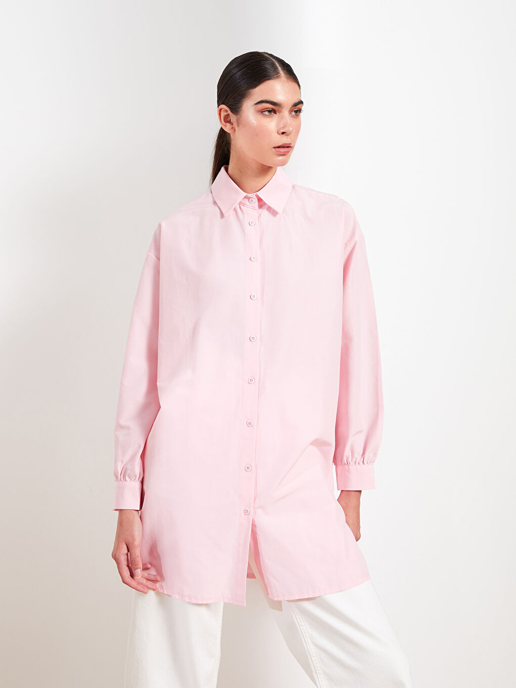 LCW Modest Pembe Düz Uzun Kollu Oversize Kadın Gömlek Tunik - 1