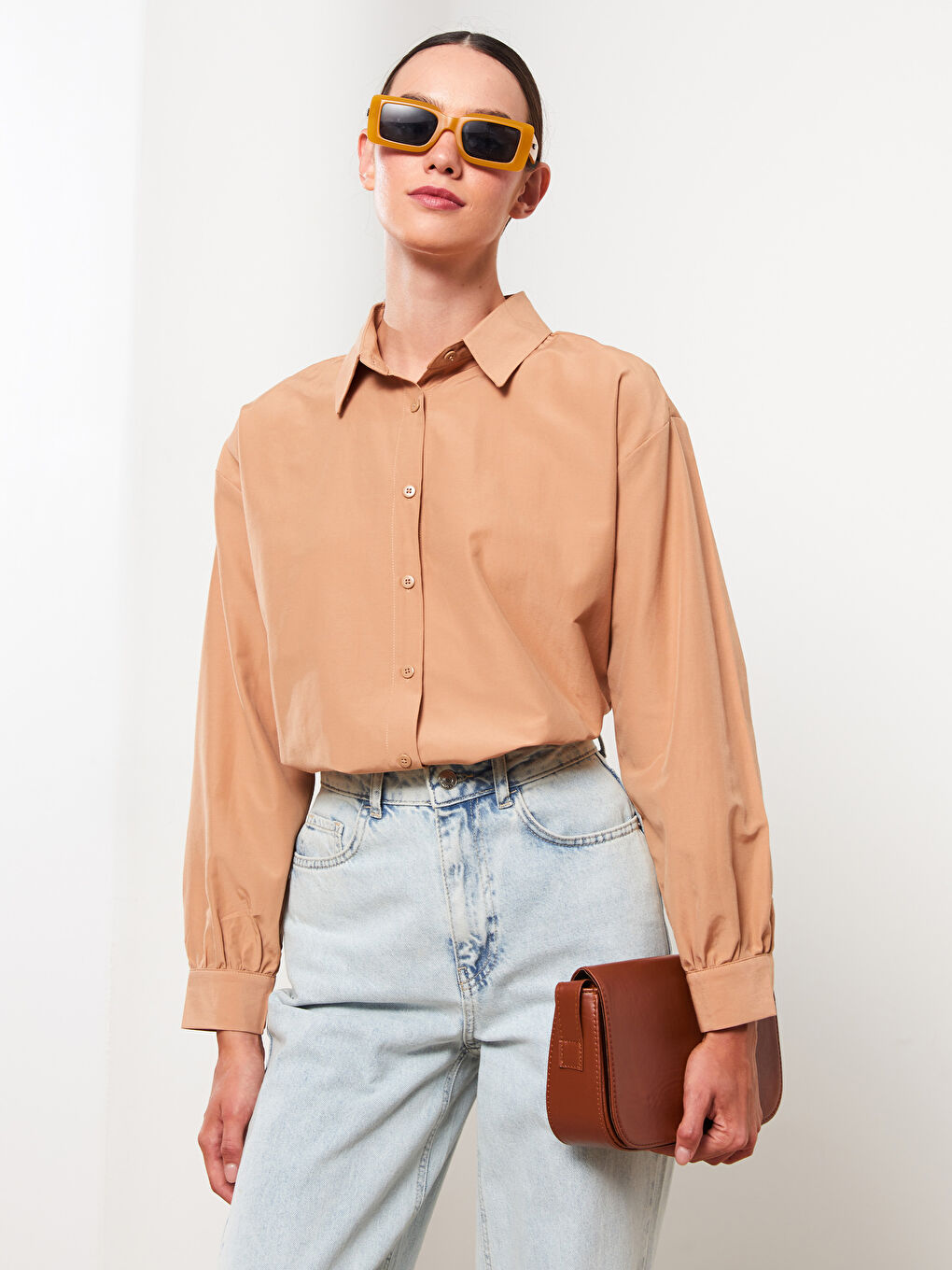 Kahverengi Düz Uzun Kollu Oversize Kadın Gömlek Tunik-1