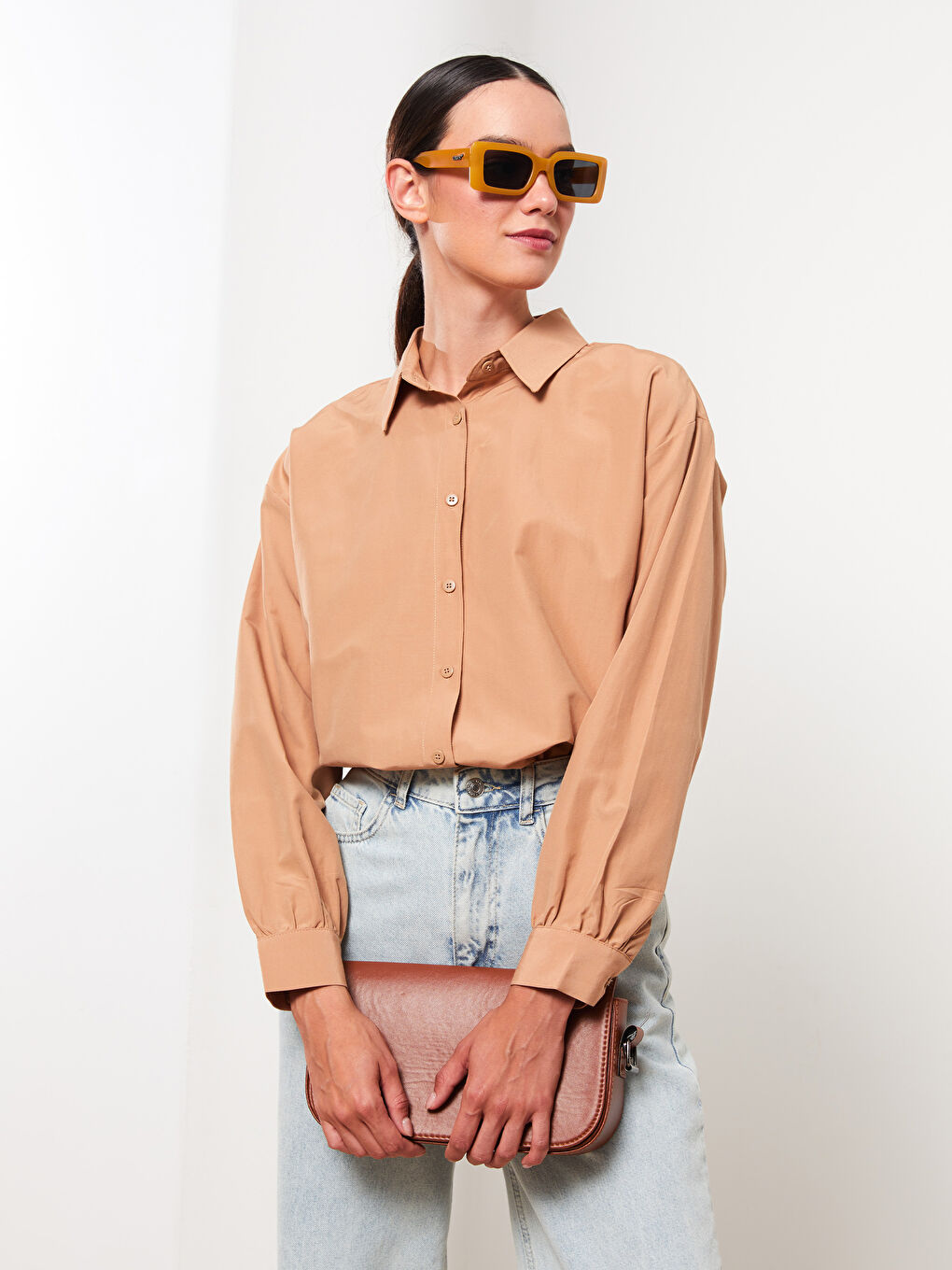 Kahverengi Düz Uzun Kollu Oversize Kadın Gömlek Tunik-2