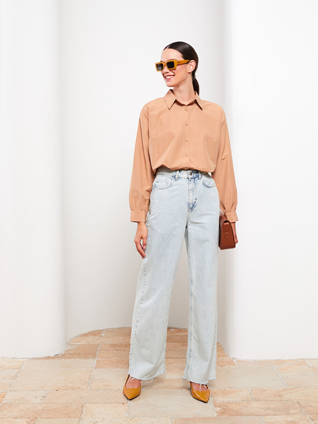 Kahverengi Düz Uzun Kollu Oversize Kadın Gömlek Tunik-3