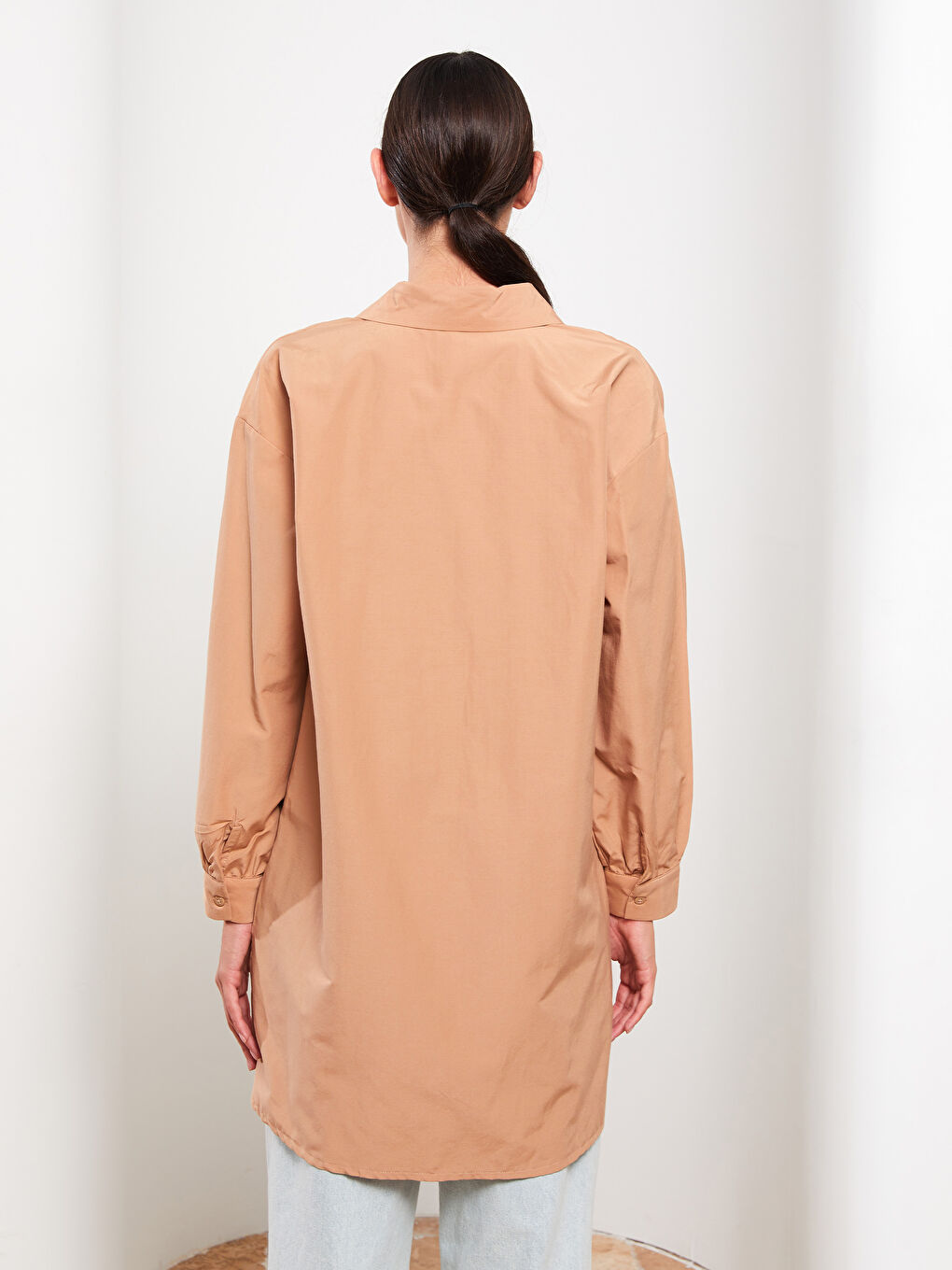 Kahverengi Düz Uzun Kollu Oversize Kadın Gömlek Tunik-4