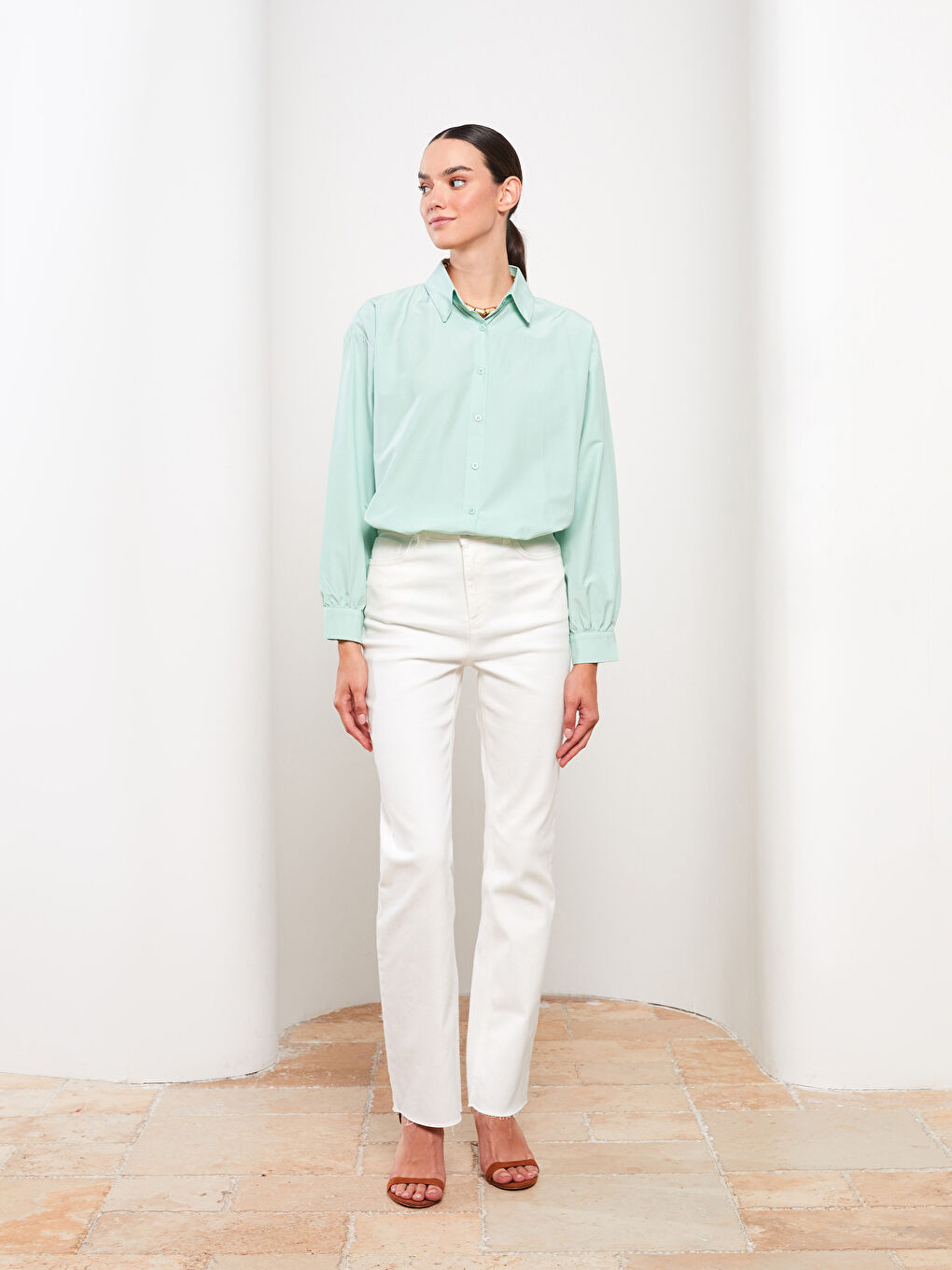 Yeşil Düz Uzun Kollu Oversize Kadın Gömlek Tunik-2