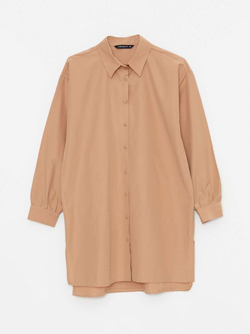 Kahverengi Düz Uzun Kollu Oversize Kadın Gömlek Tunik-5