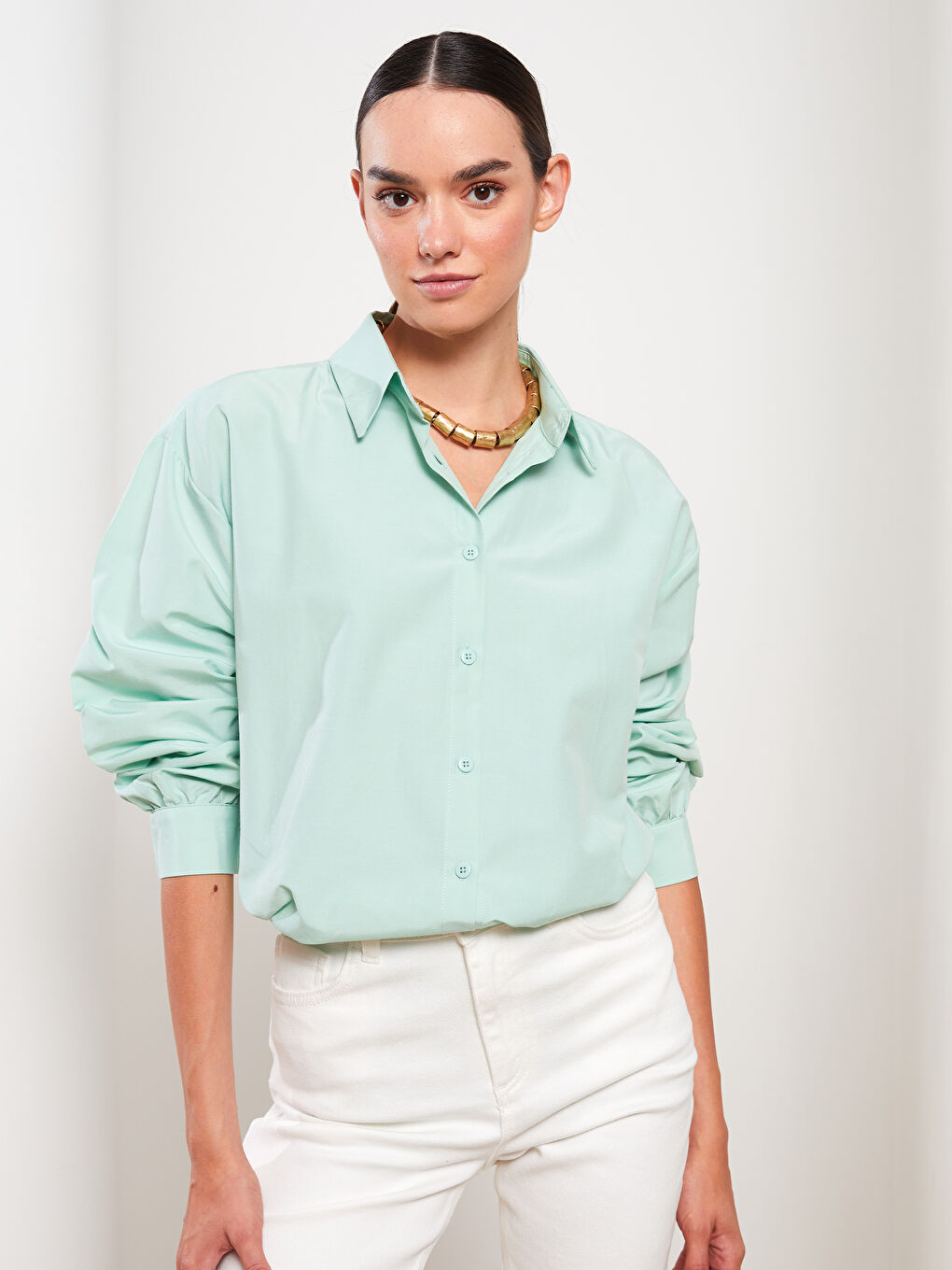 Yeşil Düz Uzun Kollu Oversize Kadın Gömlek Tunik