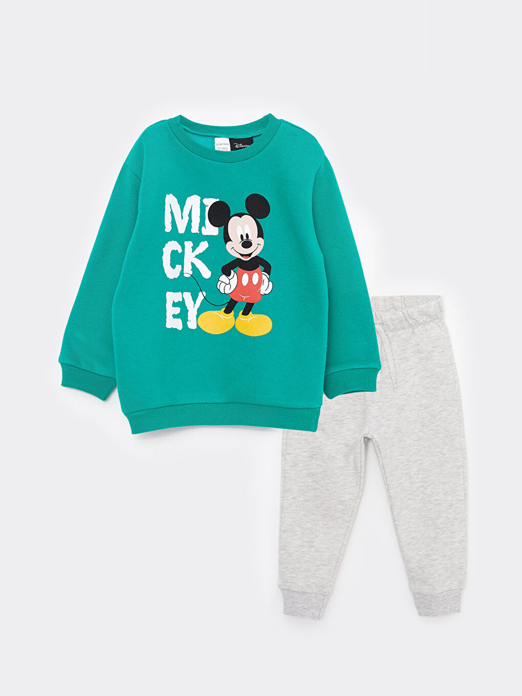 LCW baby Yeşil Bisiklet Yaka Uzun Kollu Mickey Mouse Baskılı Erkek Bebek Sweatshirt ve Eşofman Alt 2'li Takım