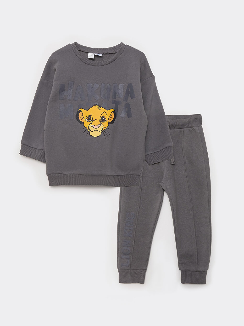 Gri Bisiklet Yaka Uzun Kollu Aslan Kral Baskılı Erkek Bebek Sweatshirt ve Eşofman Alt 2'li Takım