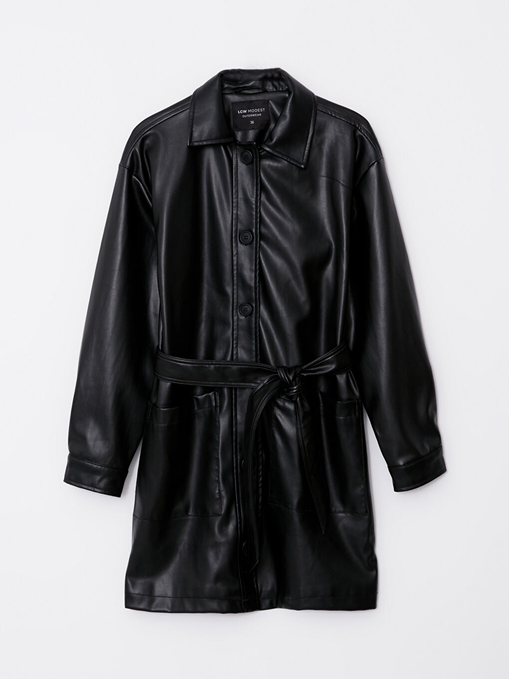 Siyah Kadın Gömlek Yaka Düz Deri Görünümlü Mont-5