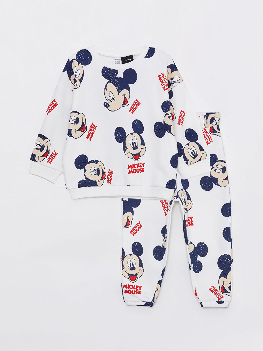 LCW baby Ekru Baskılı Bisiklet Yaka Uzun Kollu Mickey Mouse Baskılı Erkek Bebek Sweatshirt ve Eşofman Alt 2'li Takım