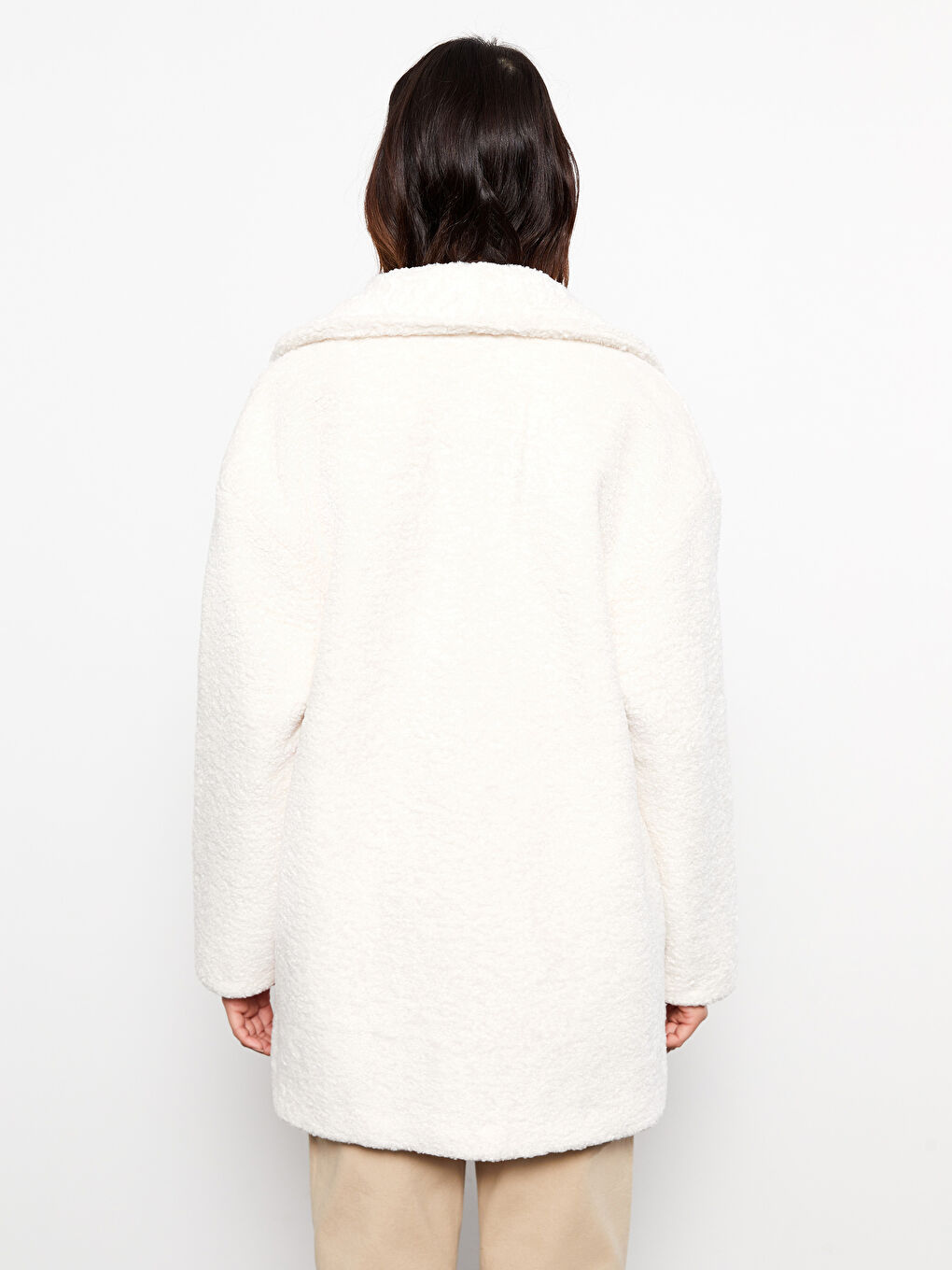 Ekru Kadın Ceket Yaka Düz Pelüş Kaban-6