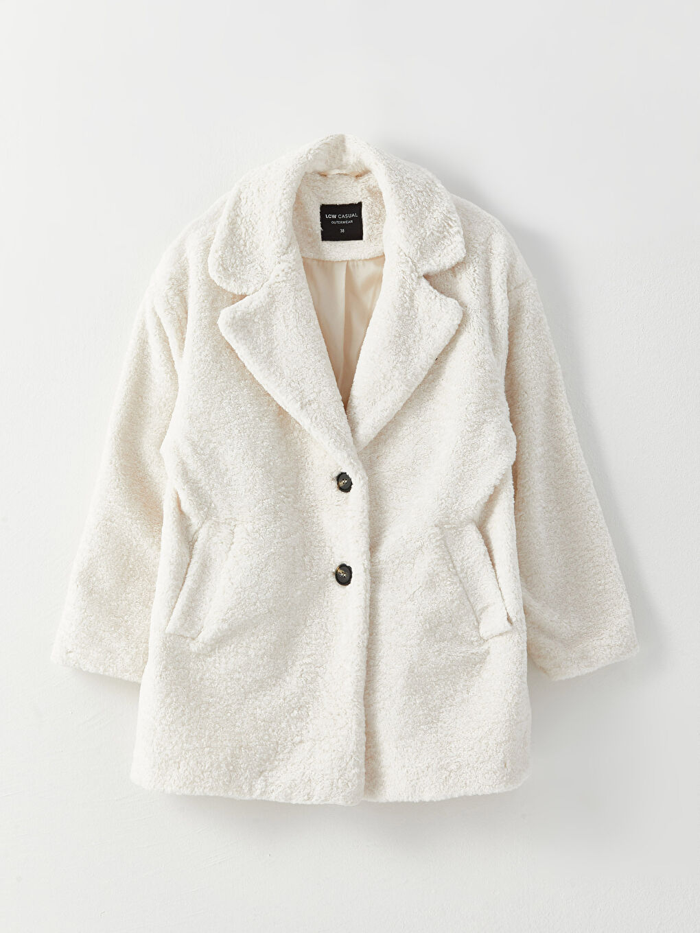 Ekru Kadın Ceket Yaka Düz Pelüş Kaban-7