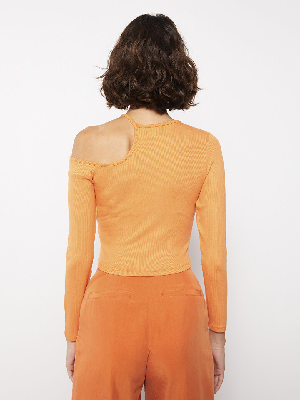 Turuncu Bisiklet Yaka Düz Uzun Kollu Kadın Crop-4