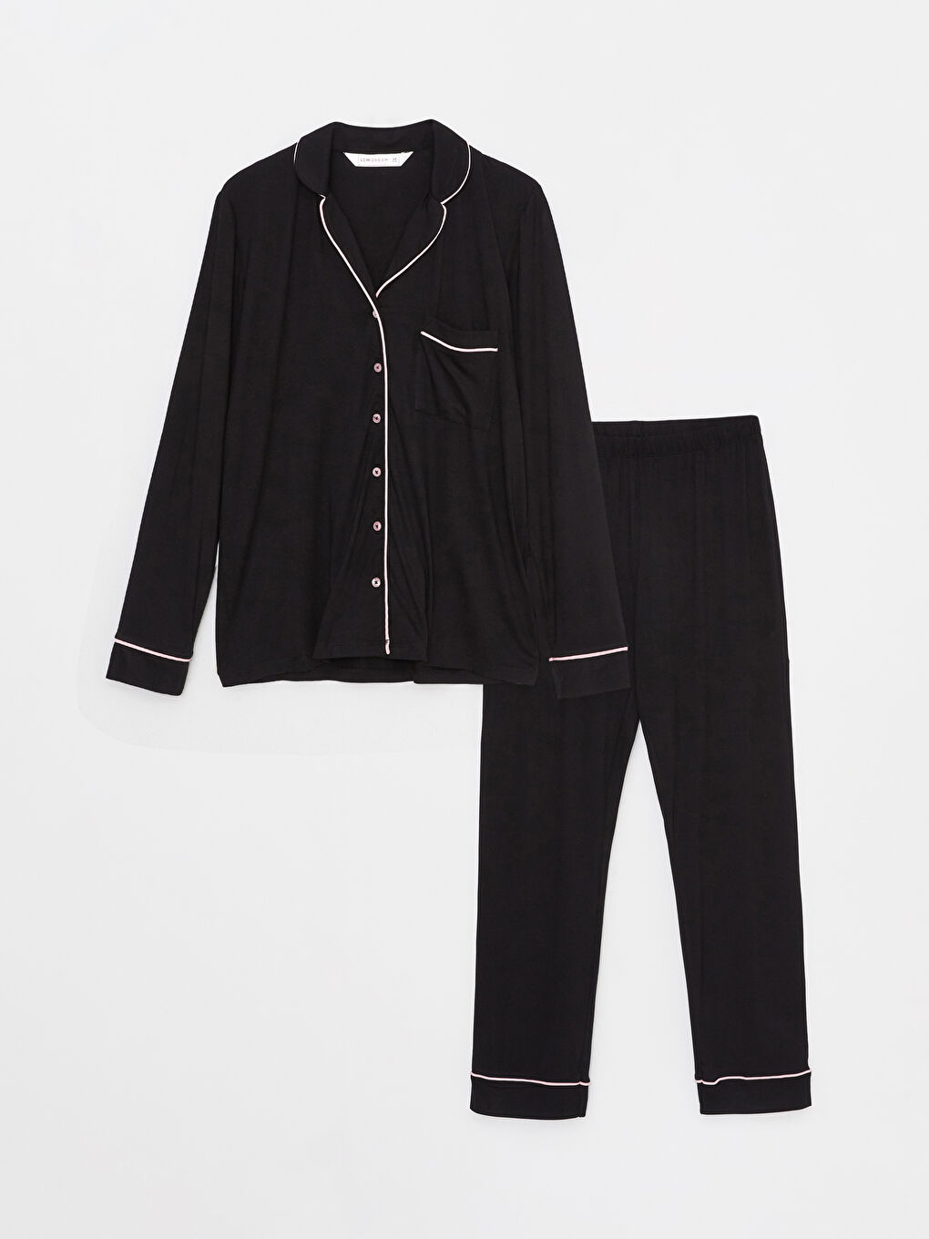 طقم بيجامة بياقة قميص سادة كم طويل للسيدات-4