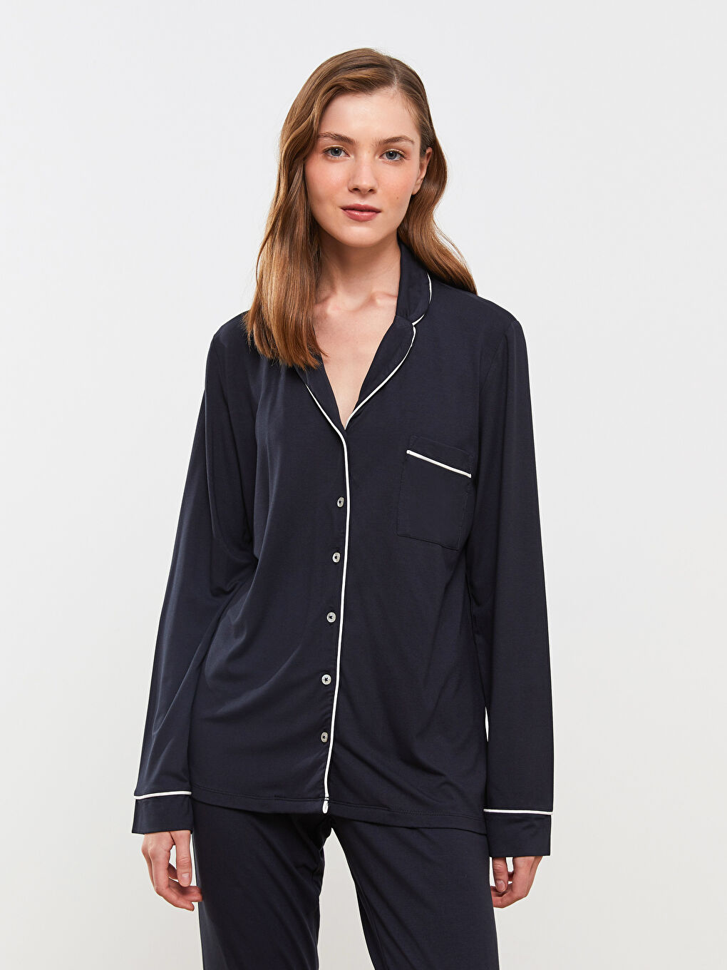 Collared Neck Plain Long Sleeve Women's Pyjama Set-1