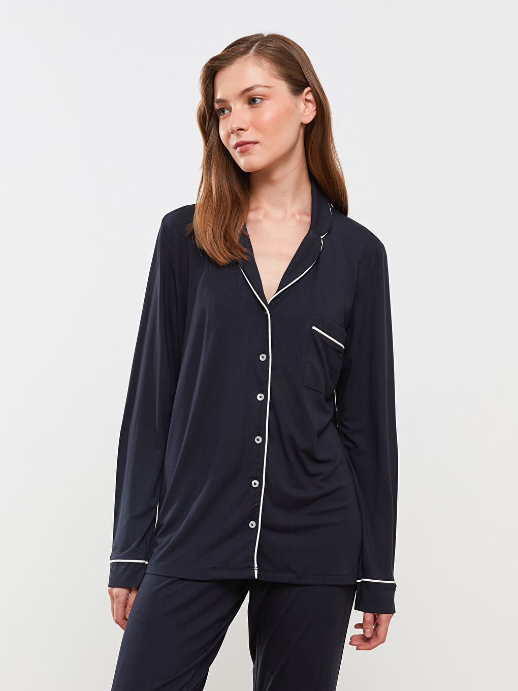 Collared Neck Plain Long Sleeve Women's Pyjama Set-2